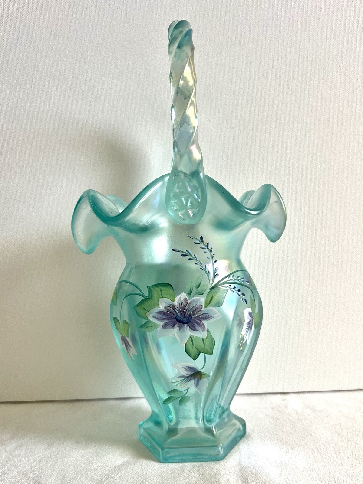 HTF Fenton 11″ Handpainted Aquamarine Stretch Glass Hexagon Basket – T. Neader