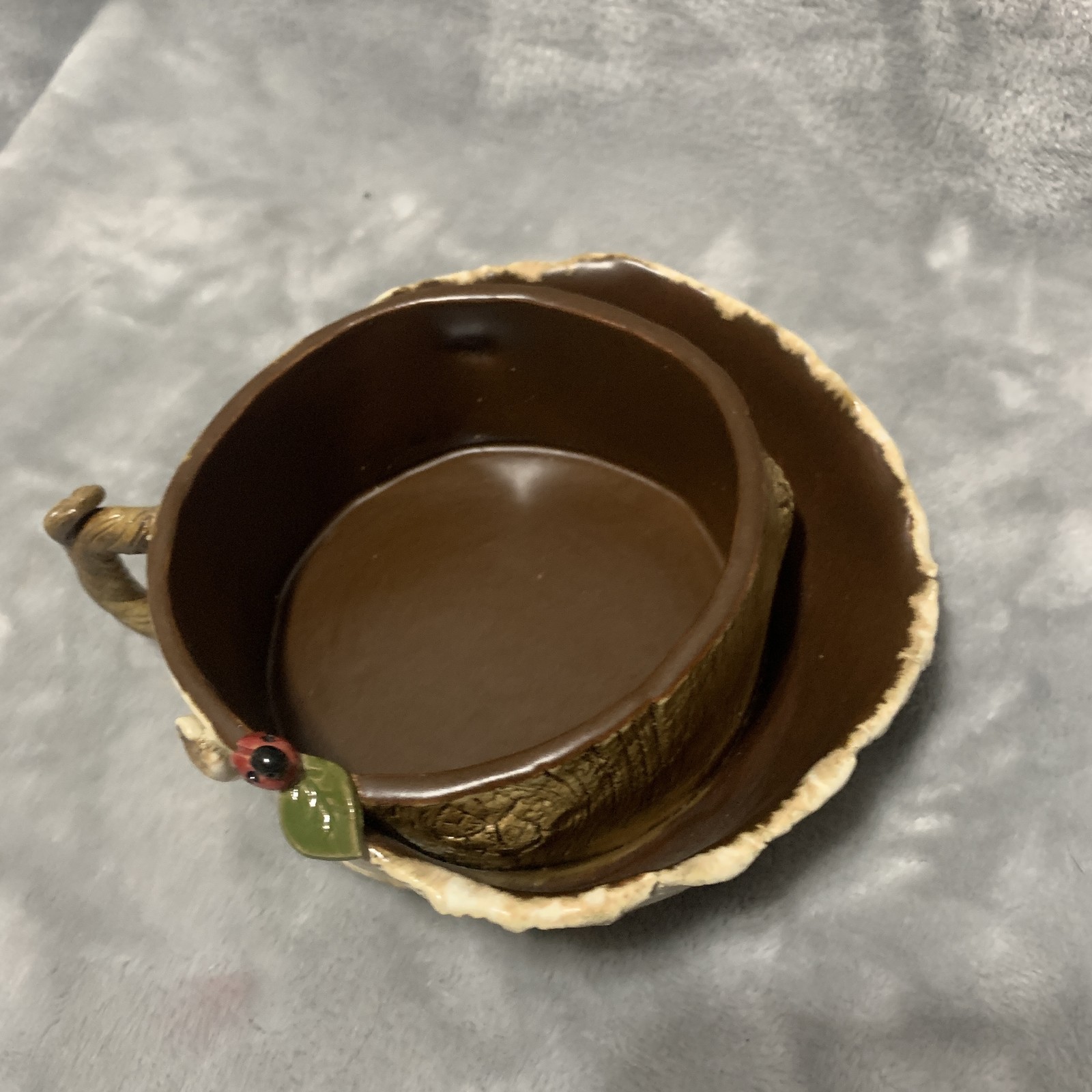 Unique Birch Bark Tree Stump Ceramic Vase Planter Mug Ladybug Handle Decorative