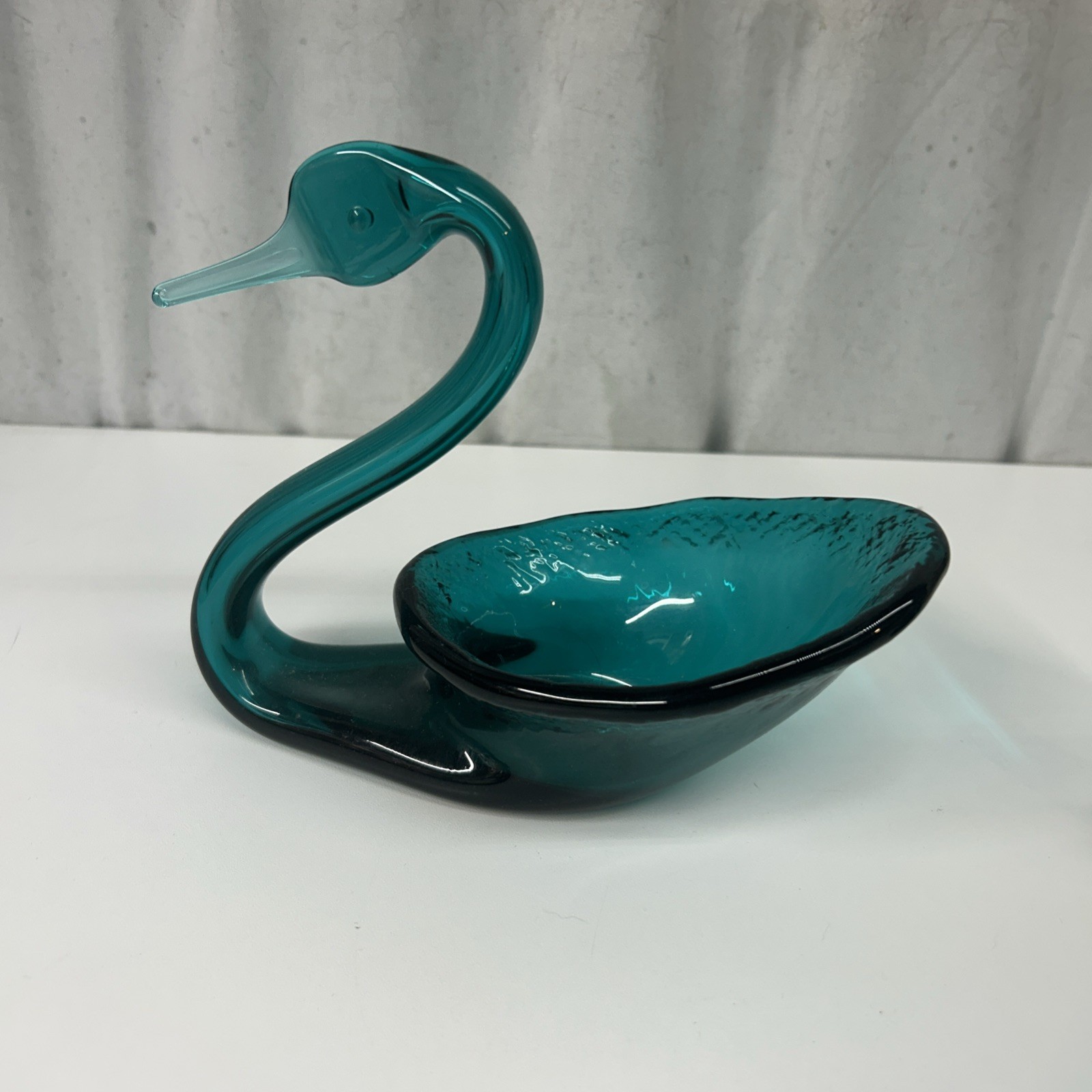 VINTAGE Viking MCM Hand Blown Art Glass Teal Blue Swan Bowl Candy Nut Dish
