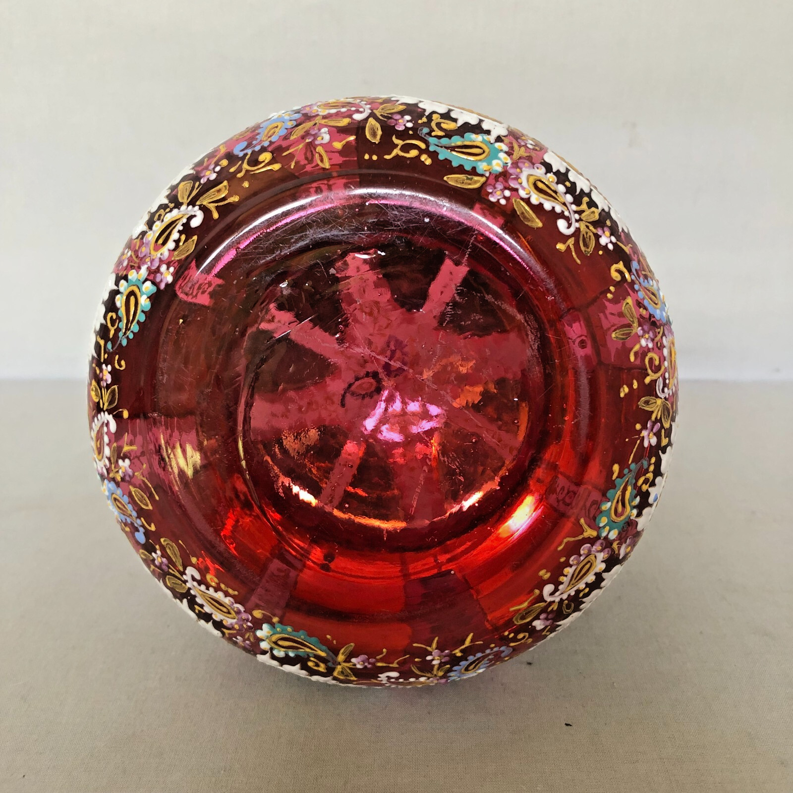 Antique Round Hinged Hand Heavily Decorated Pink Moser Glass Box