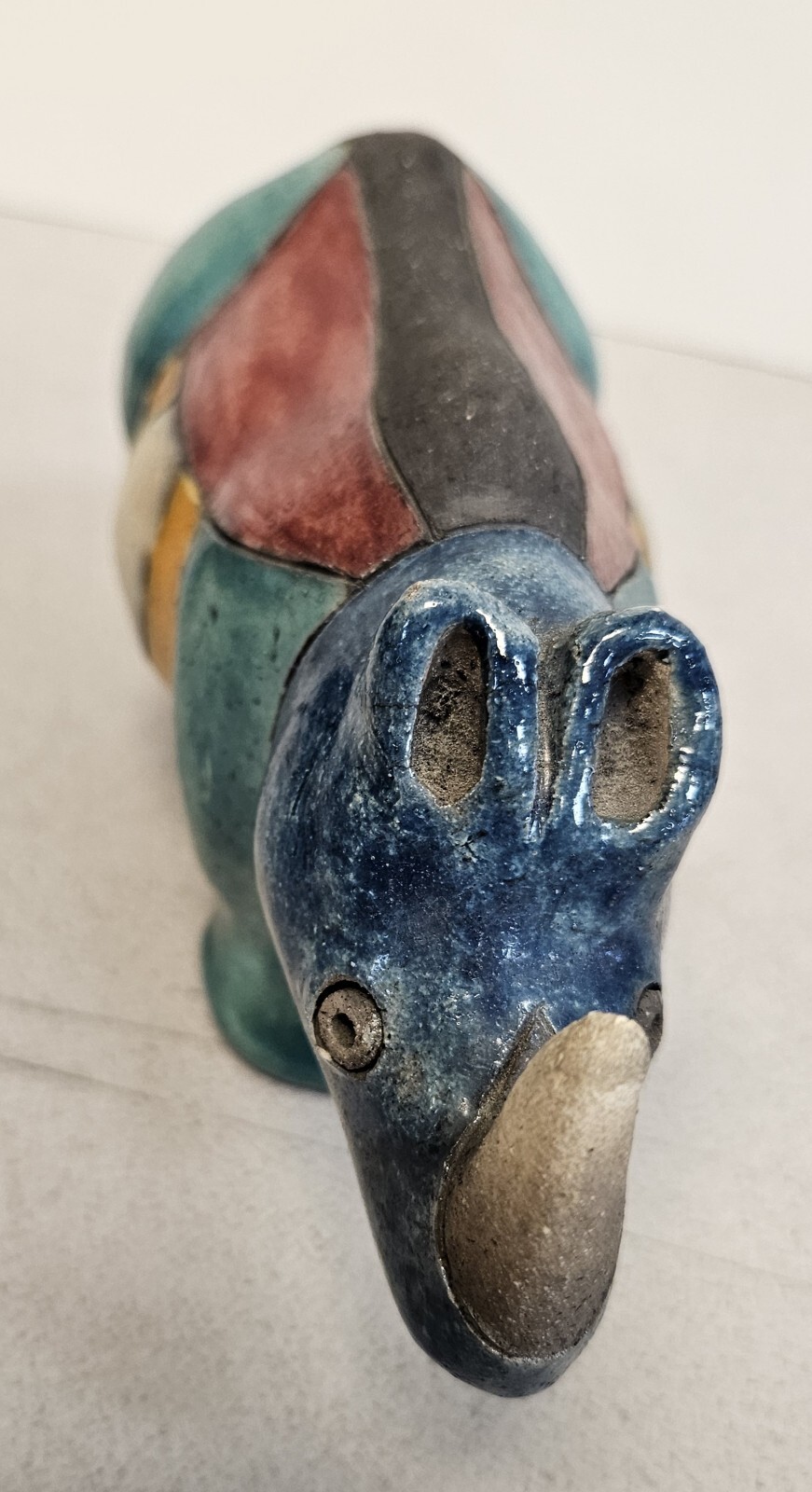 Vintage South Africa Colorful RHINO Fenix Raku Pottery Statue Figurine