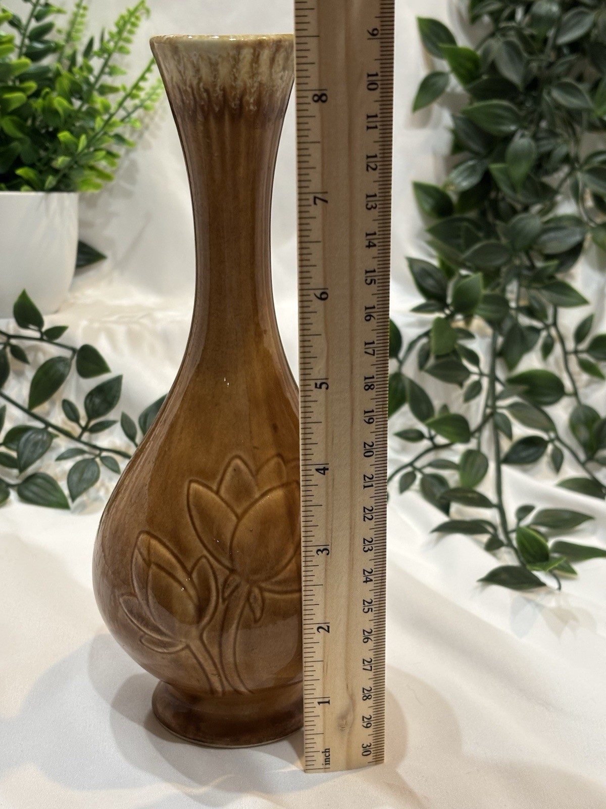 Pioneer Pottery USA Brown Drip Base Lotus Flower Mid Century 8.5” Vintage