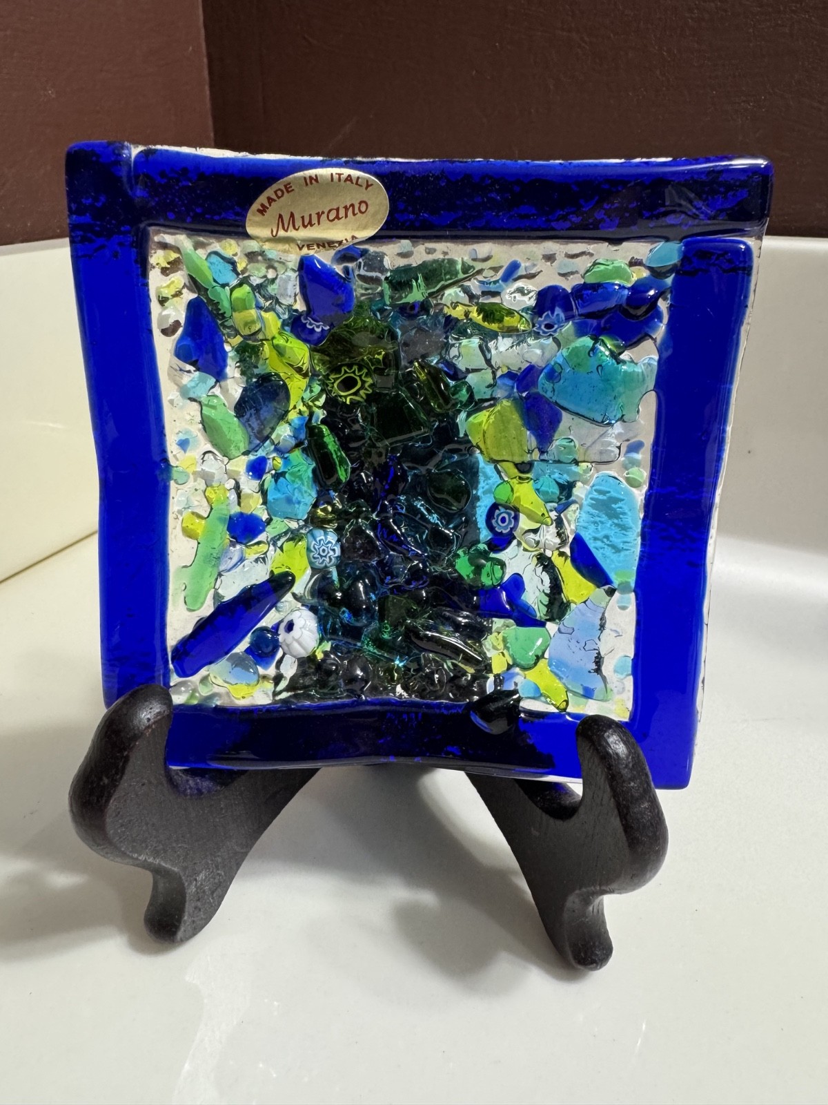 Murano Venetia Hand Fused Millefiori Blue Art Glass Candy Trinket Dish Square