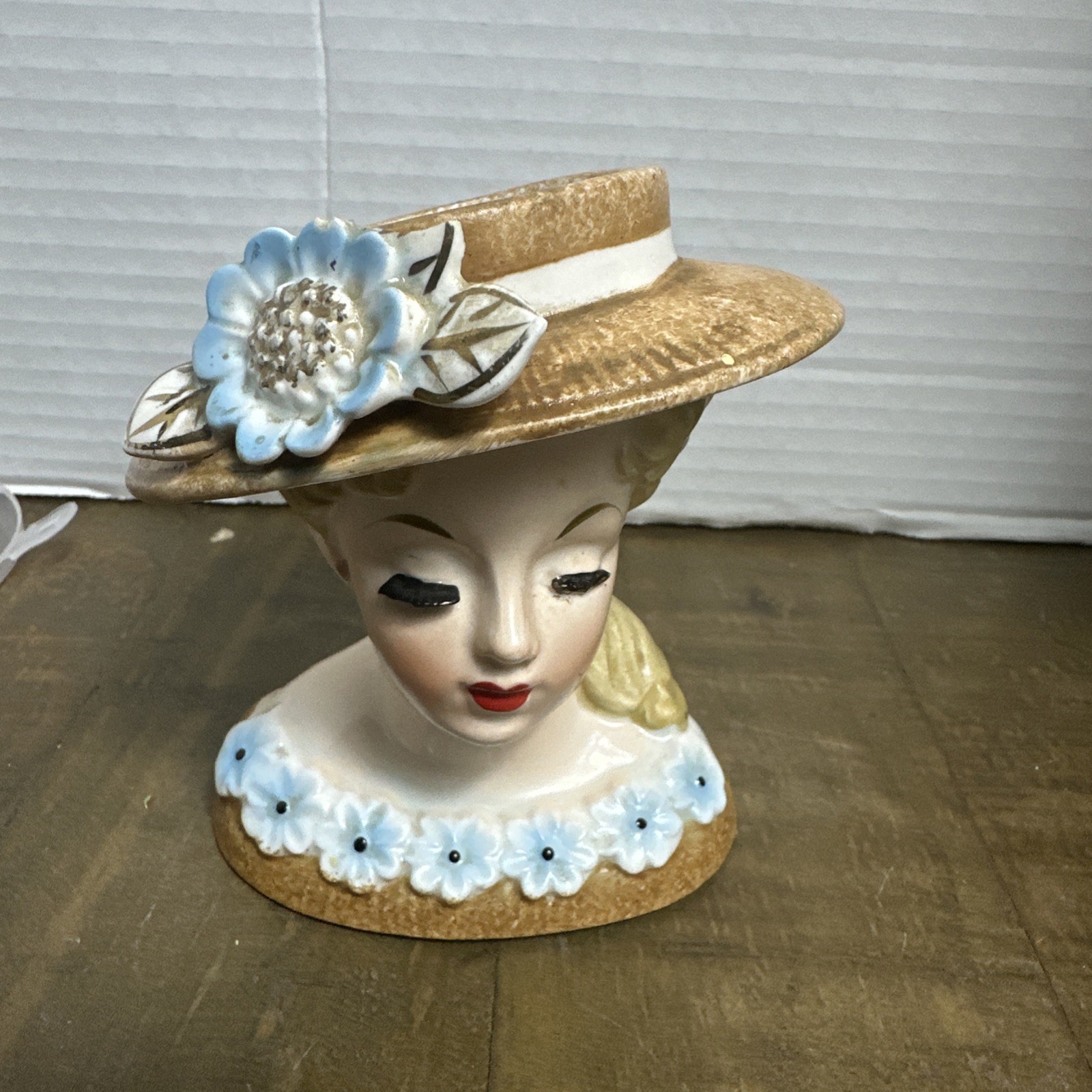 Vtg Rubens Lady Head Vase #498 Blue Flowers, Blonde READ/SEE FLAWS NO JEWELRY