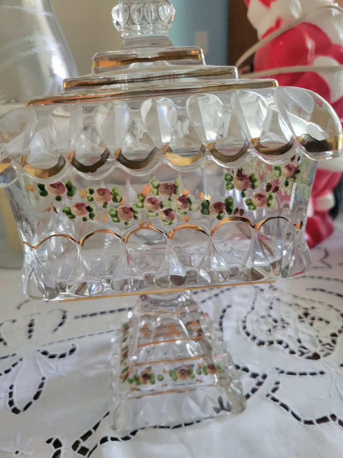 VTG Pair Jeanette Glass Pedestal Candy Dish Wedding Box Gold Trim Floral