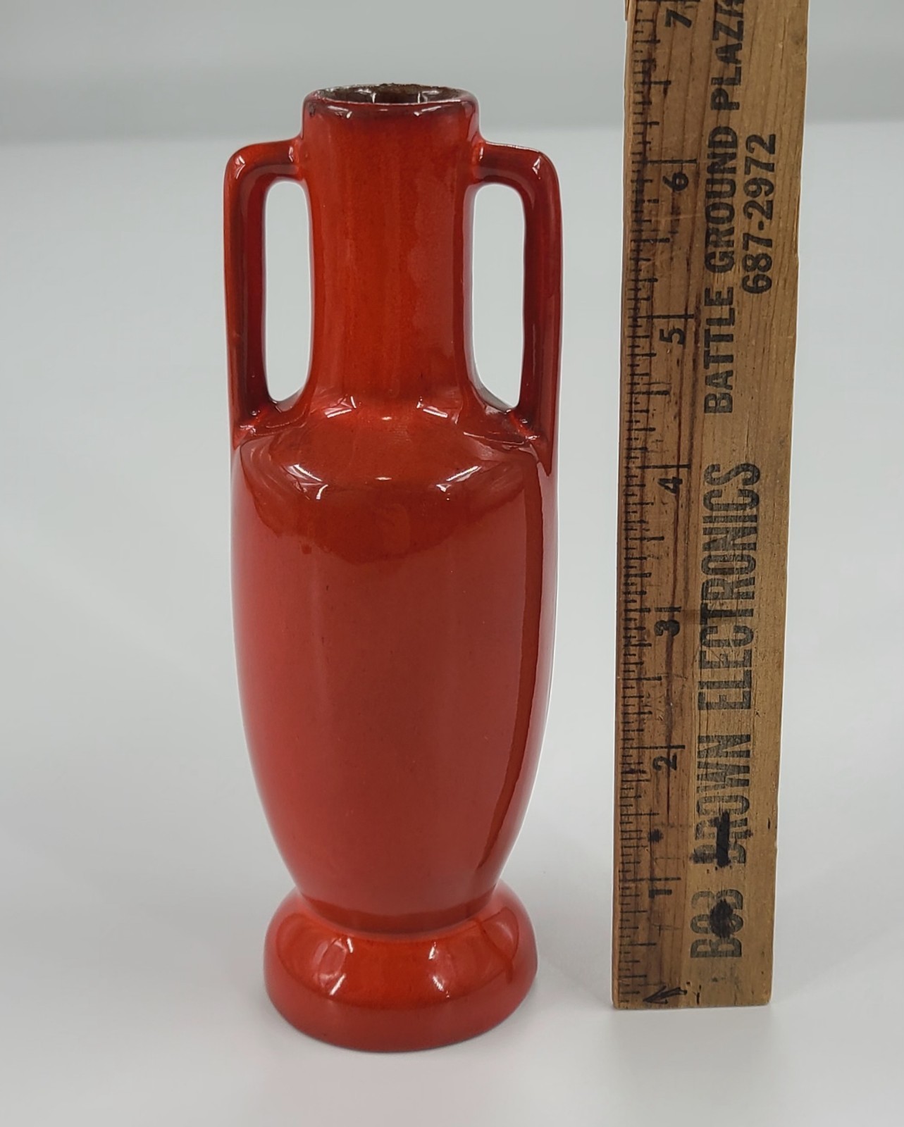 VTG 1980s Frankoma Pottery #20 Handmade Orange Double Handled Bud Vase 6.5″