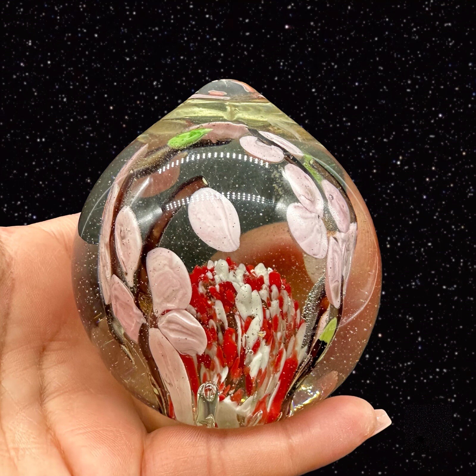 Czech Art Glass Peach Shaped Paperweight Cherry Blossom Tree Glass Orb Round 3”W