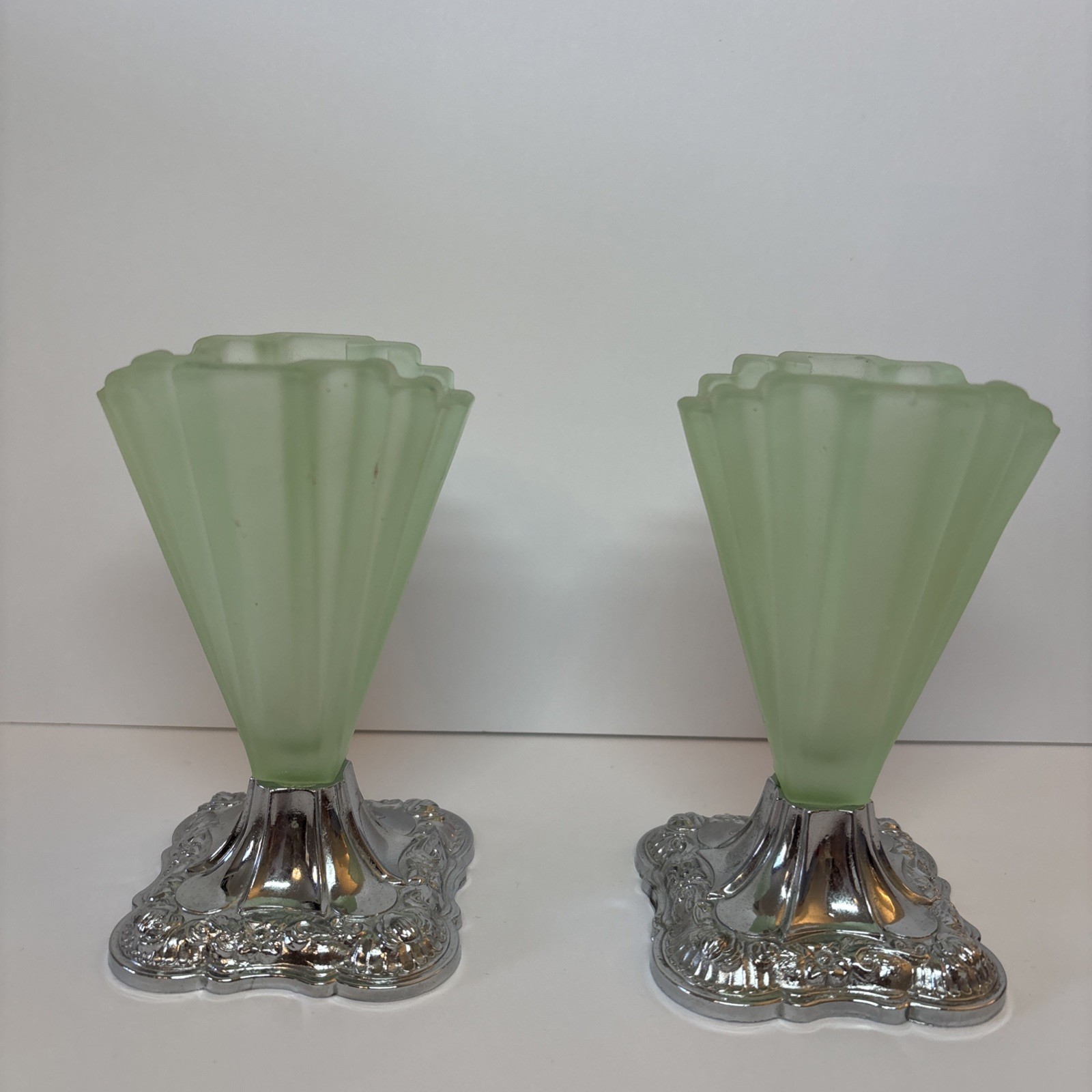 Vintage pair bagley grantham art deco frosted green glass vases chrome base