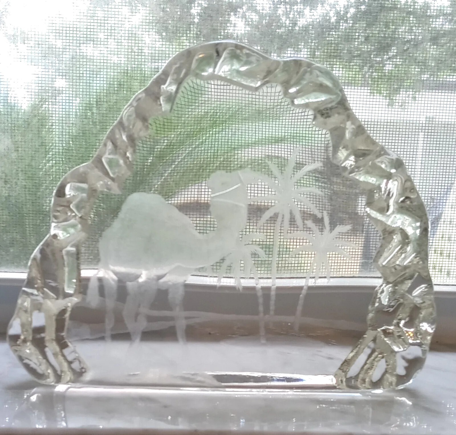 Engraved Art Glass Sculpture – Heavy Table Art Glass – Signed-Camel/Palm Trees