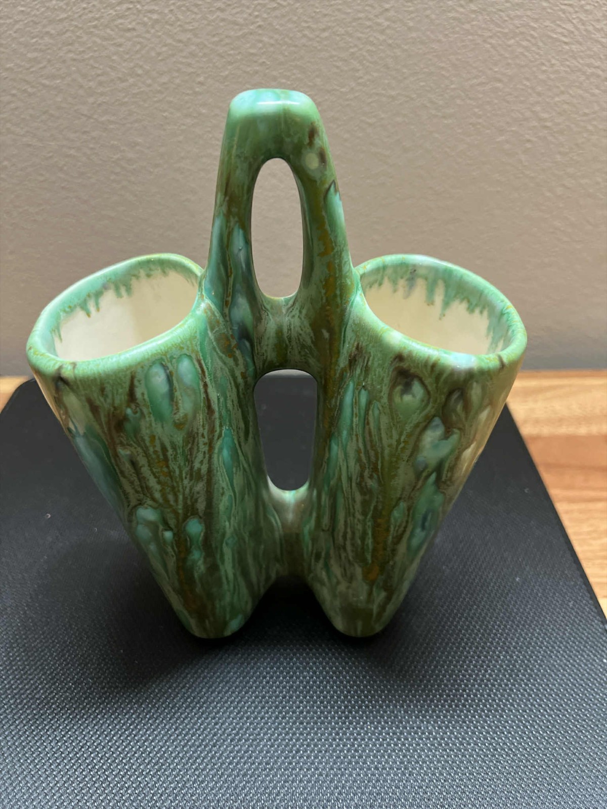 Mid 20th Century Ceramic Double Vase With Handle Green/Brown/Gold Glazed 8″ Tall