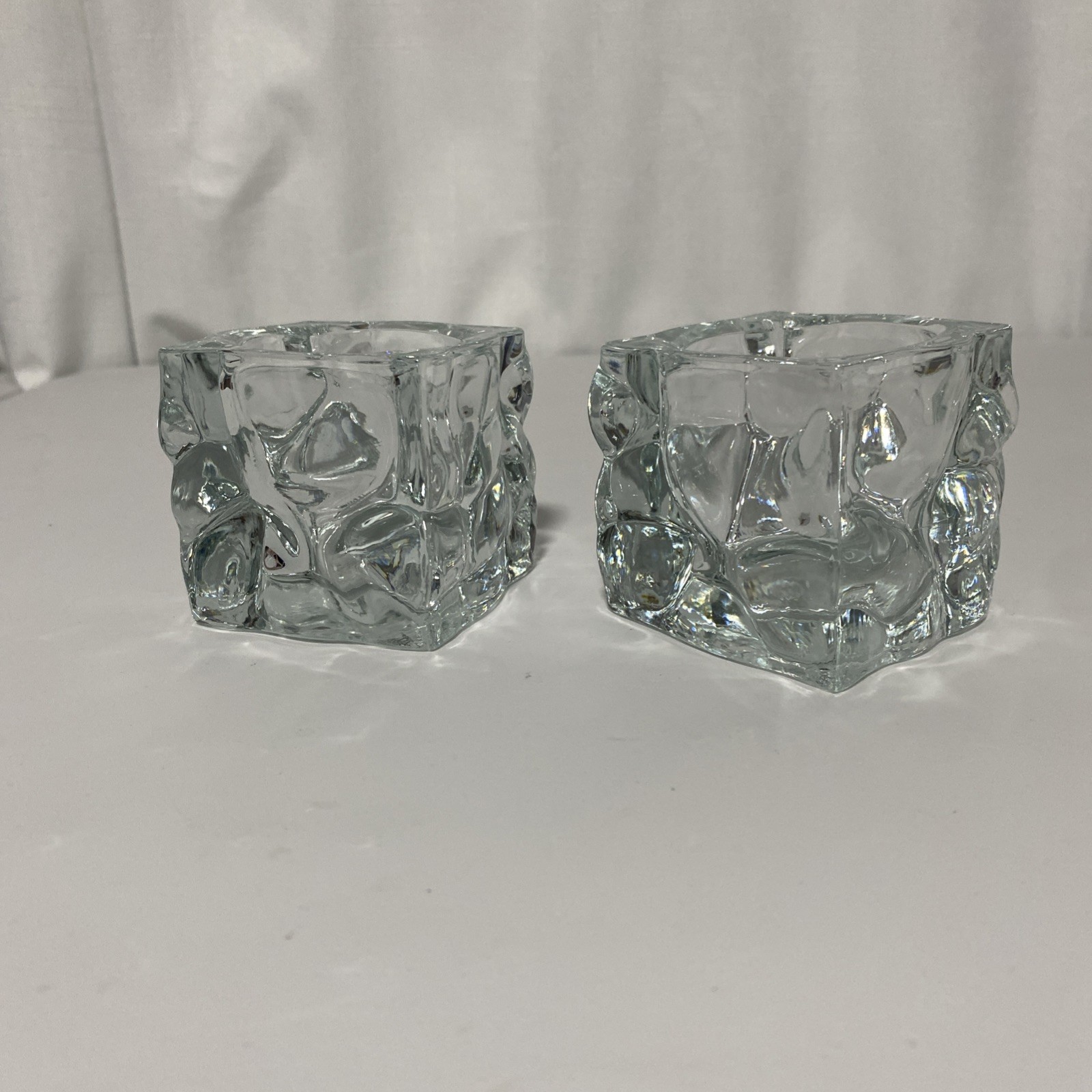 Indonesia KIG Heavy Ice Cube Square Crystal Votive Candle Holders Set Of 2