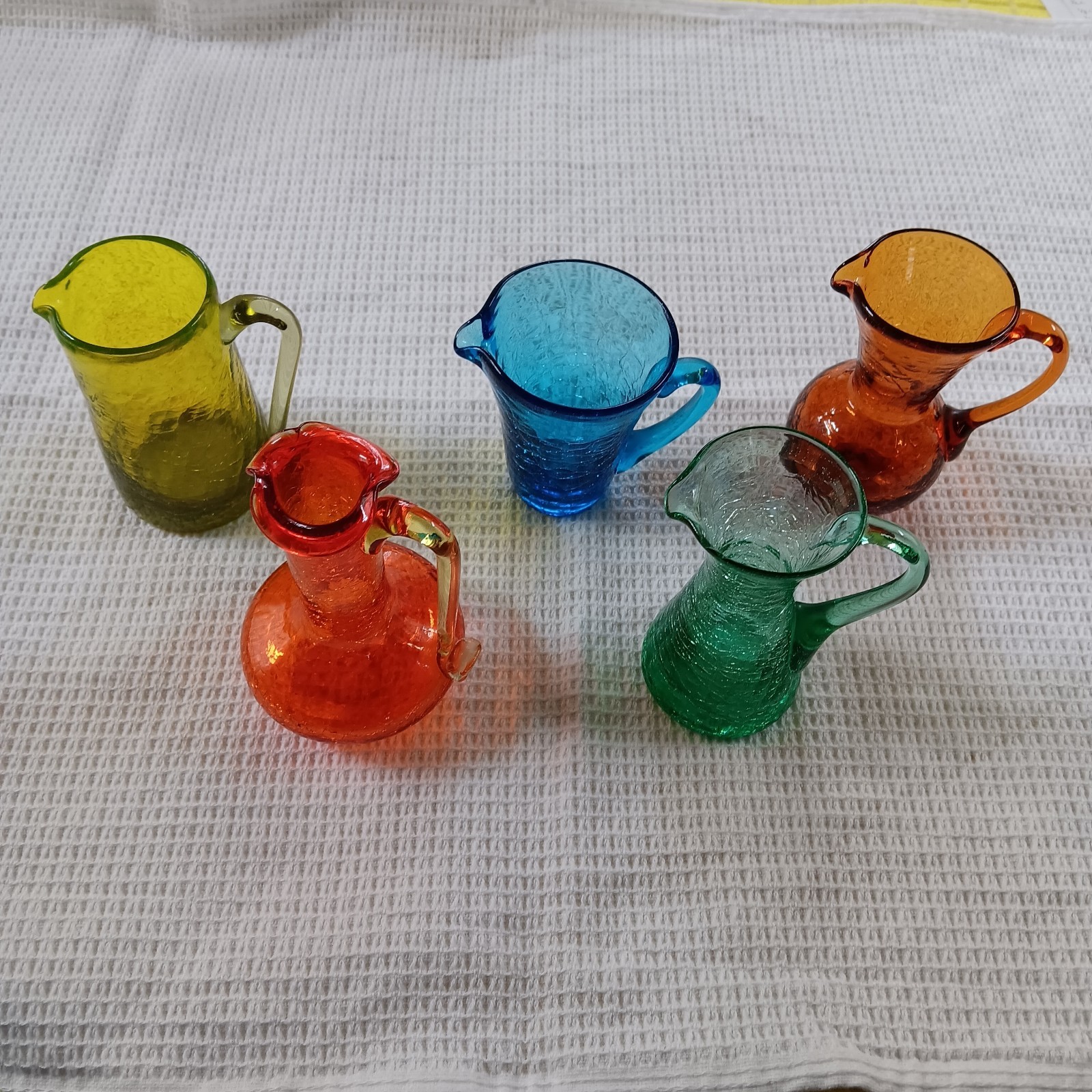 Vtg. Crackle & Textured Glass Pitchers Vase Hand Blown Mini Set Of 5