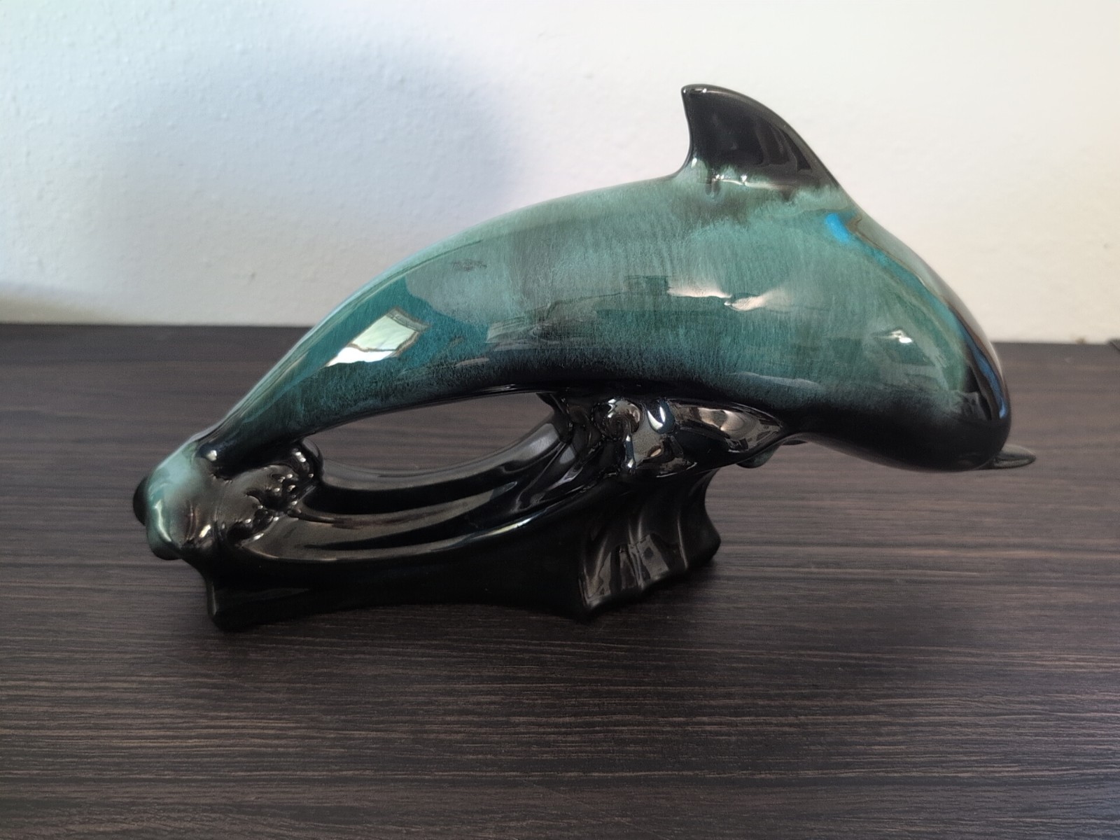 VTG Blue Mountain Pottery Jumping Dolphin Drip Glaze Turquoise Black Waves 12”