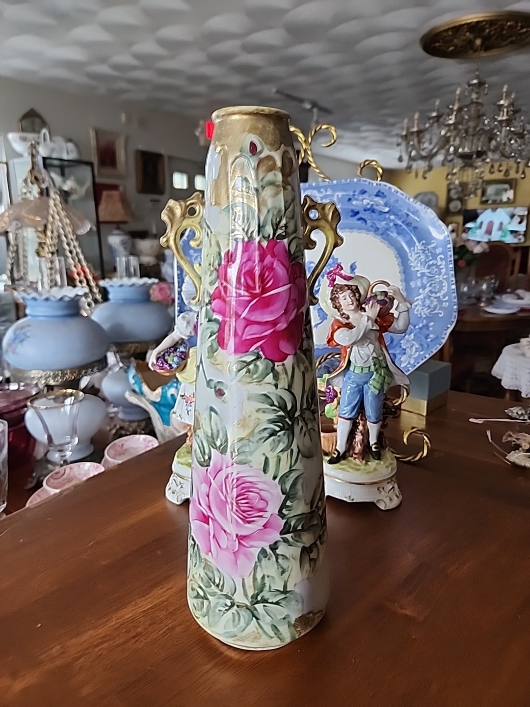 14.5″ Antique Nippon Hand Painted Bud Vase Large Cabbage Roses Japan