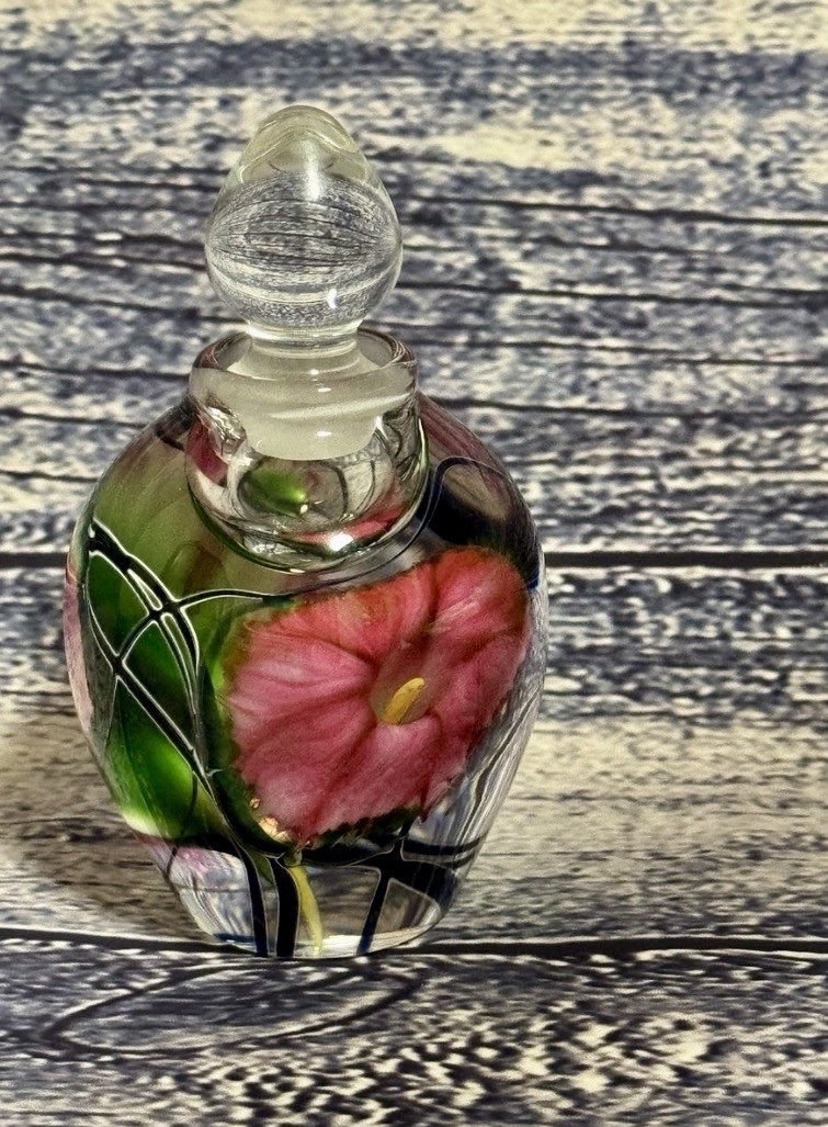 Stunning Signed Art Glass Perfume Bottle Hand Painted Floral Hand Blown