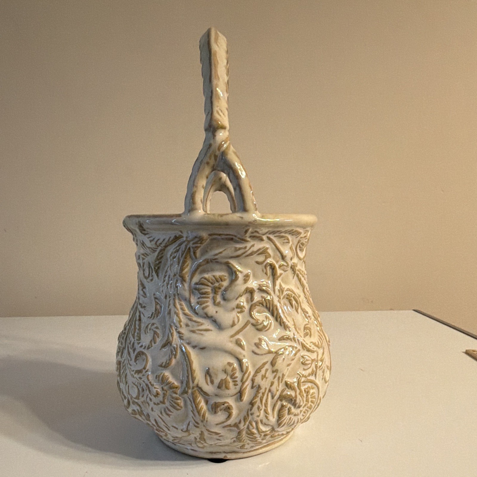Umbria Ceramic Floral Embossed Decorative Basket Handle White/Beige 9” 9702