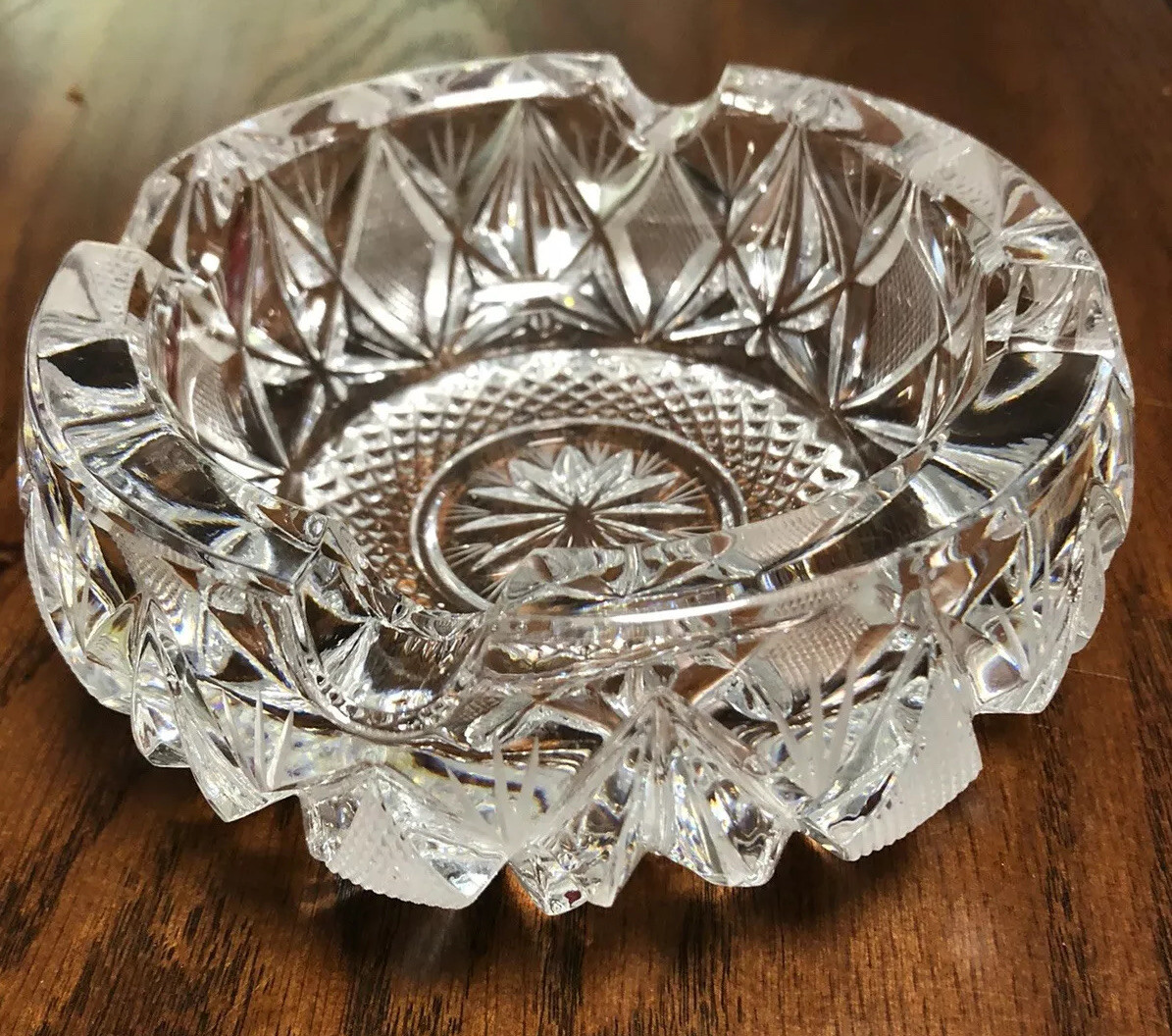 American Brilliant Crystal Ashtray Diamond Fan Pattern Vintage Estate 3.4 lbs