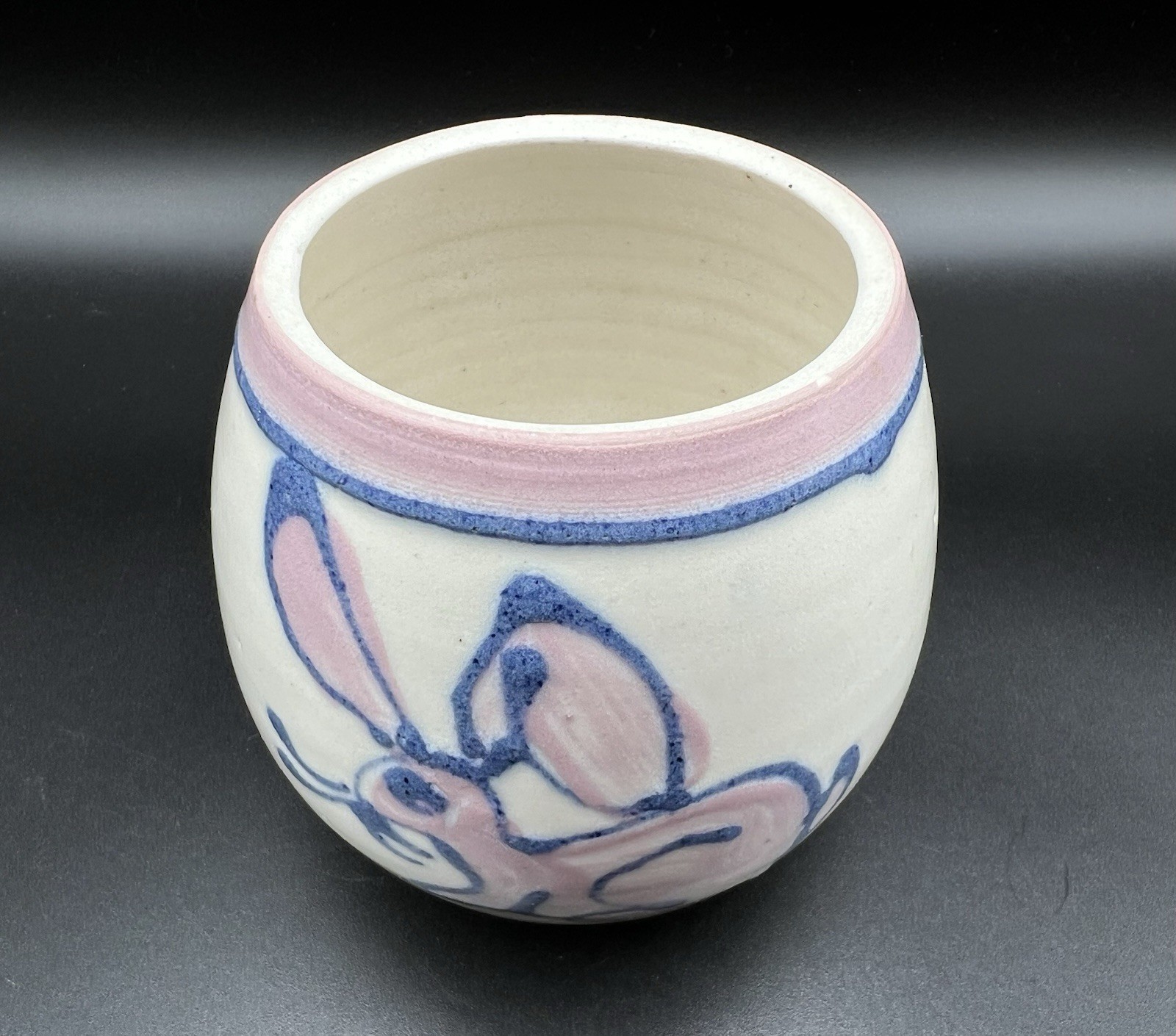 Studio Art Pottery Egg Shaped Trinket Box 5” Yellow & Pink Bunny Rabbit Signed