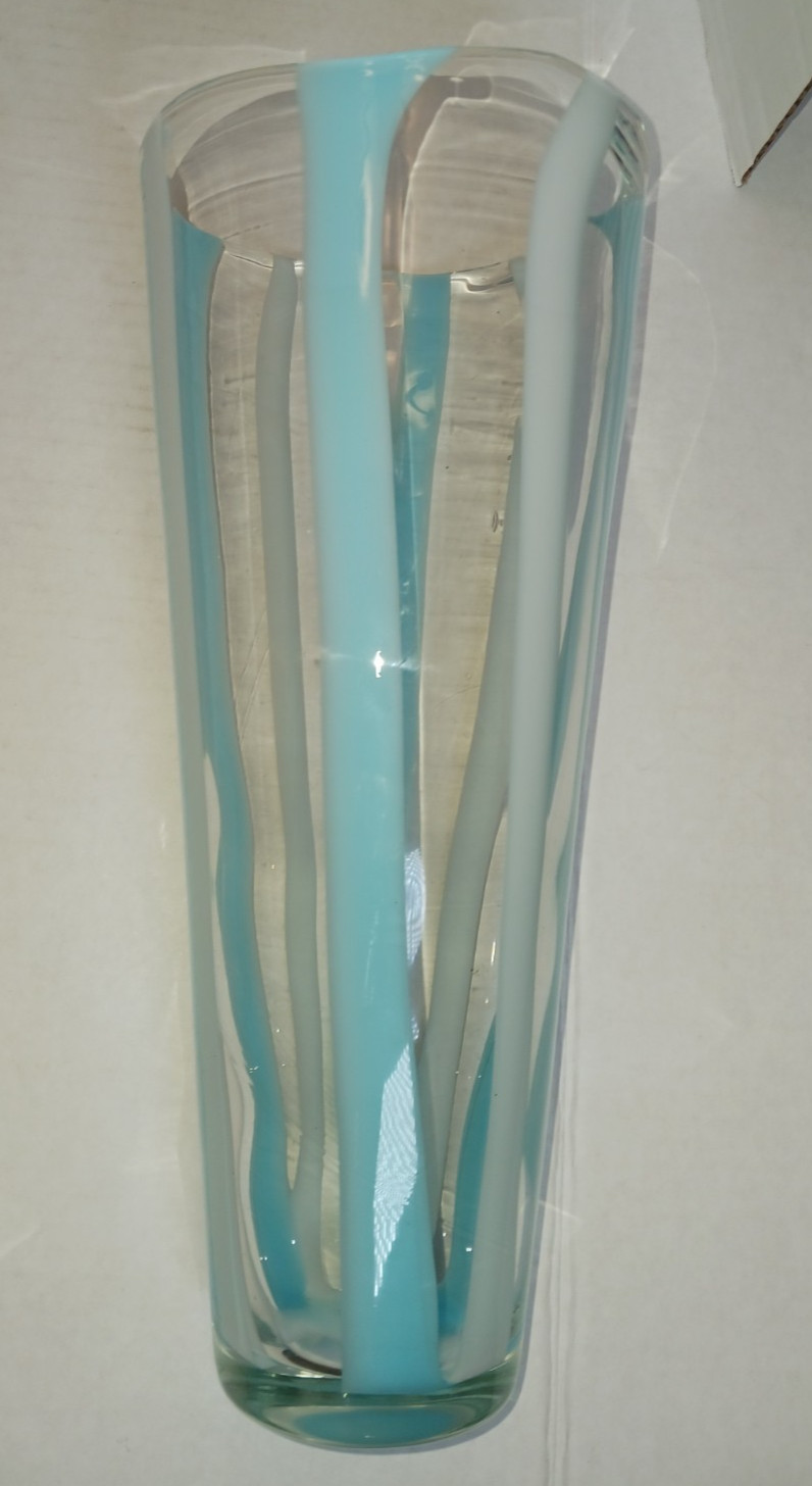Fulvio Bianconi Vertical Blue White Striped Murano Glass Ribbon Vase 12″