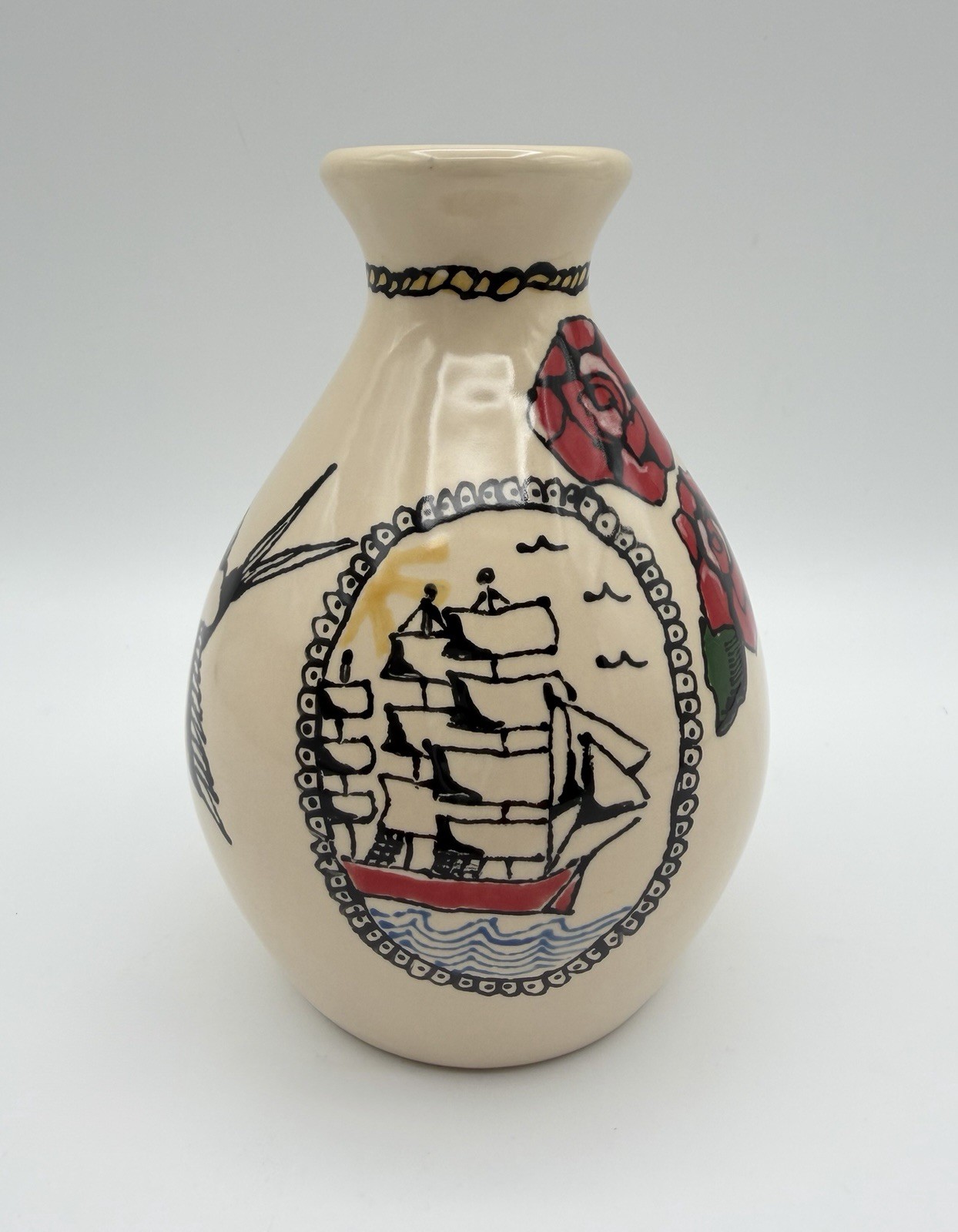 Hand Painted Ceramic Vase 5.5” Nautical Sailor Tattoo Inspired Signed Emily