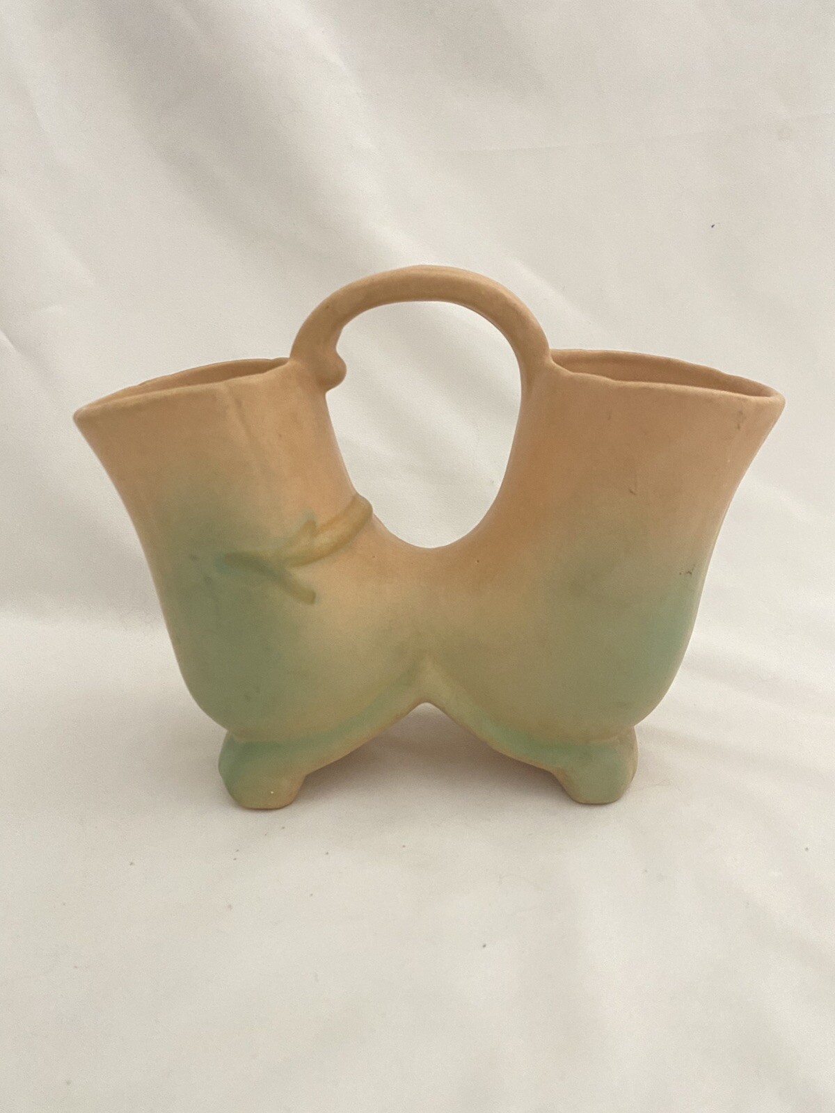 Weller Pottery Wild Rose Double Vase with Handle Peach Pink Green