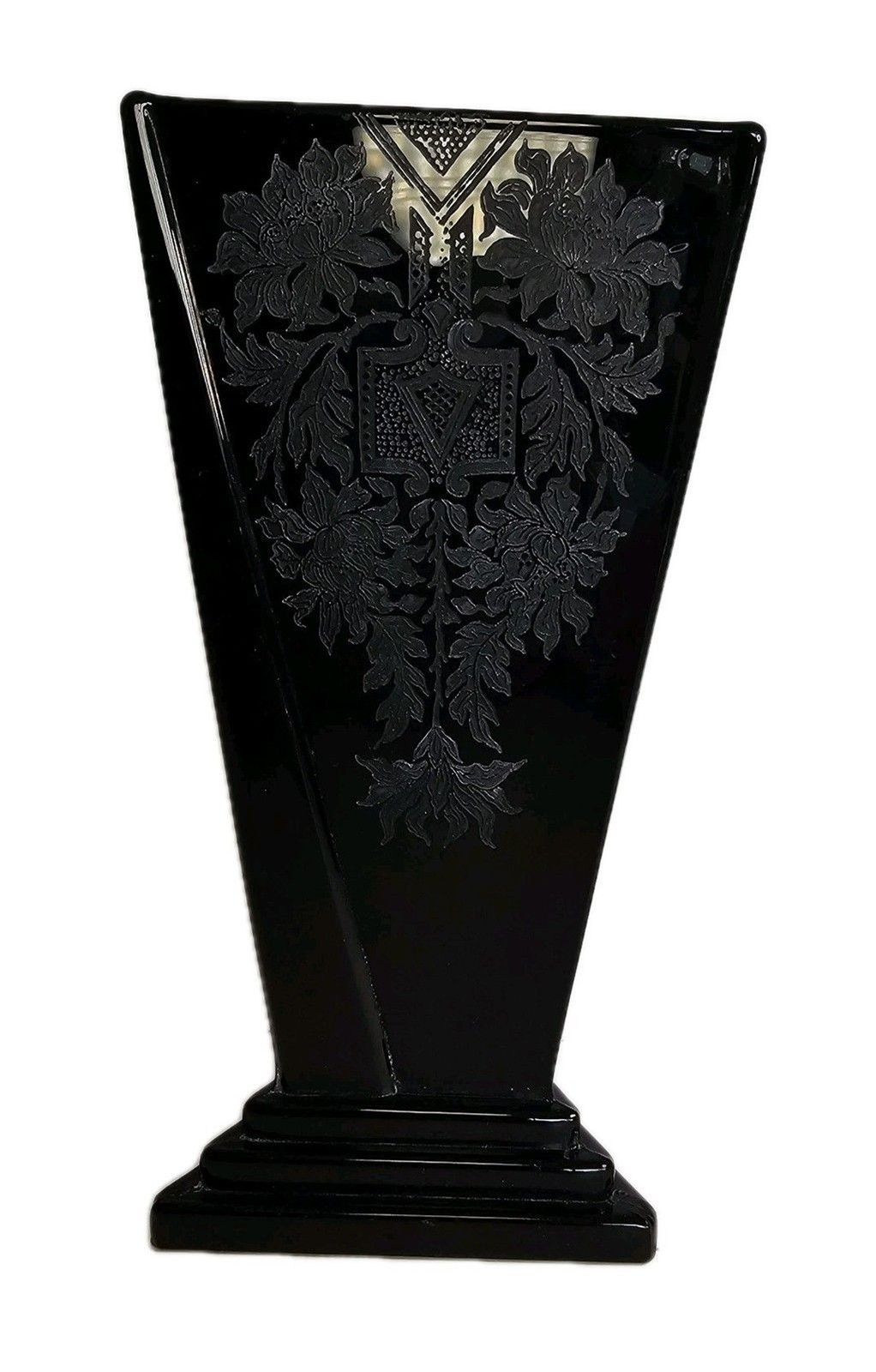 Rare Etched New Martinsville Art Deco Black Antique Glass Vase 1920s Hollywood