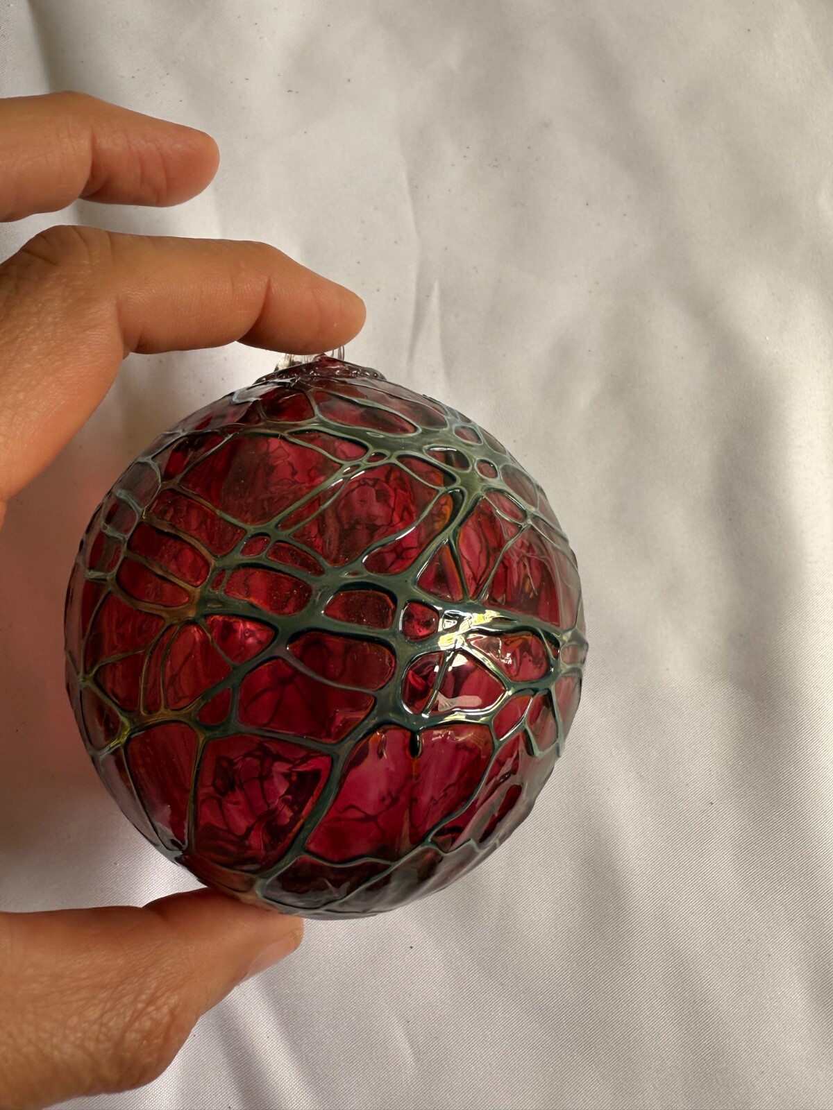 Hand Blown Art Glass Ball approx. 4” Suncatcher Red Web Gray ornament