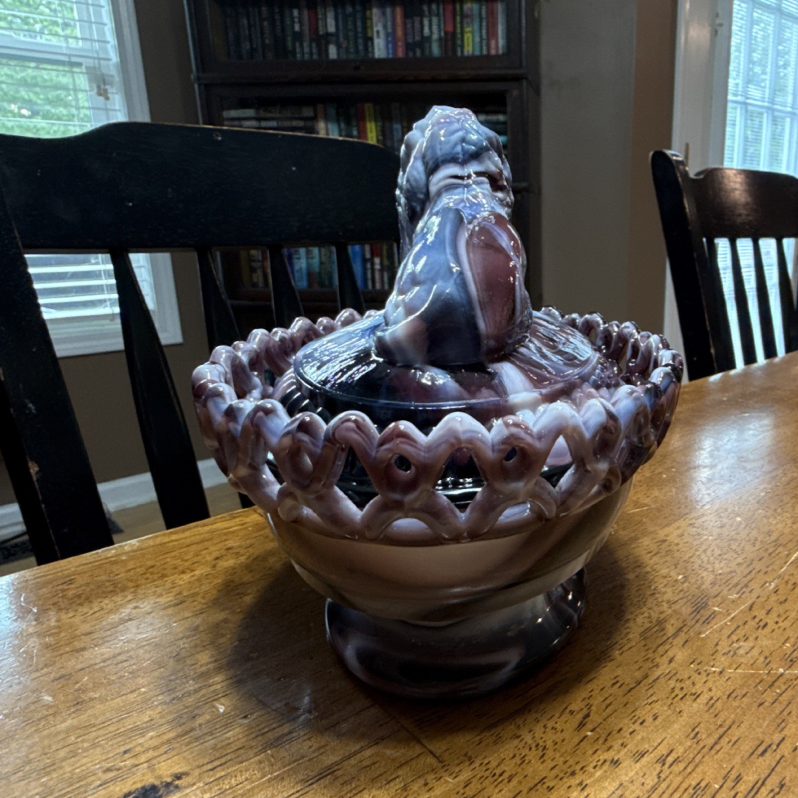 Vintage Imperial Purple Slag Glass Lion on Lace Edge Nest