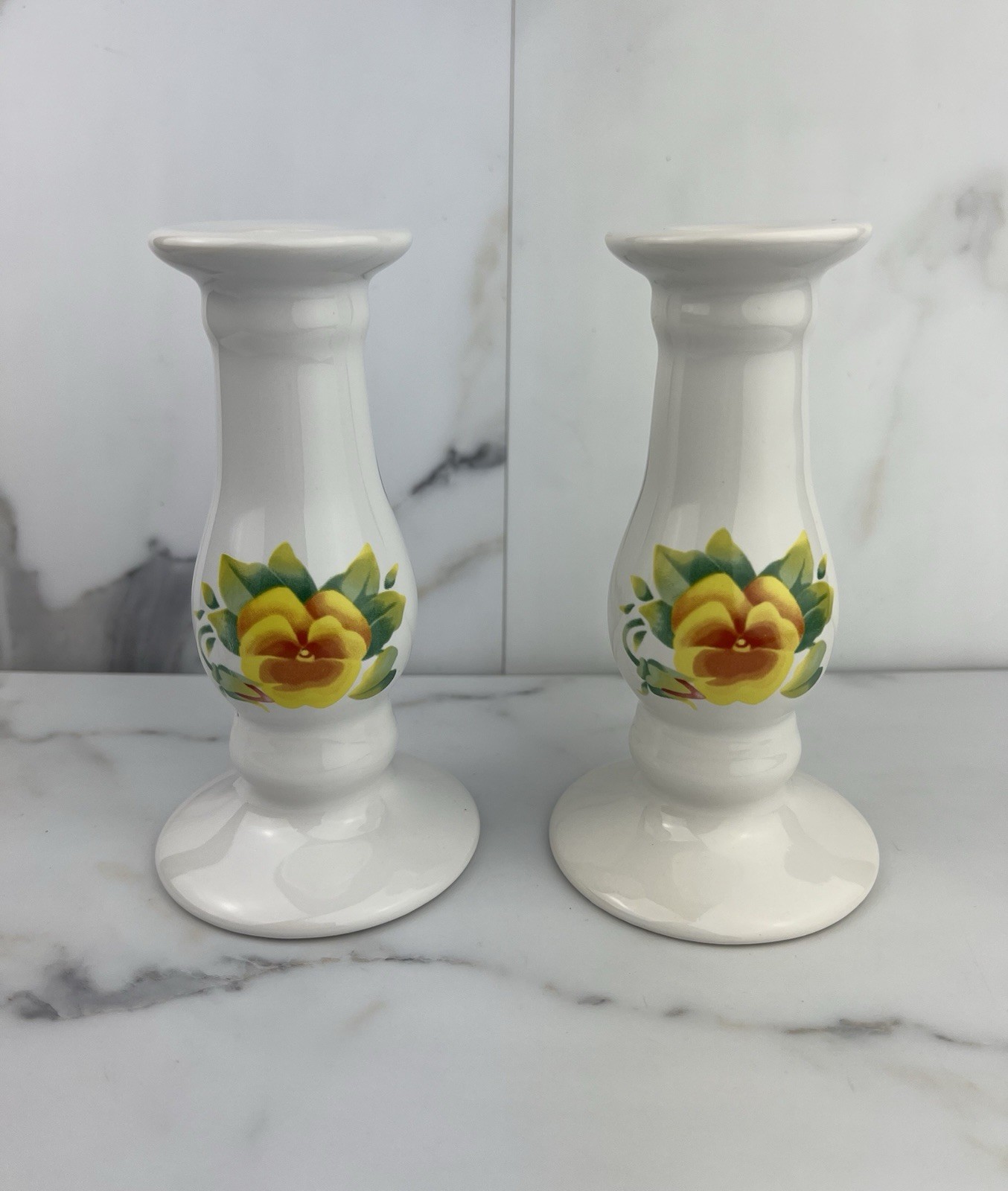 Vintage White Porcelain with Yellow Flowers Candle Stick Holders 6” Set Of 2