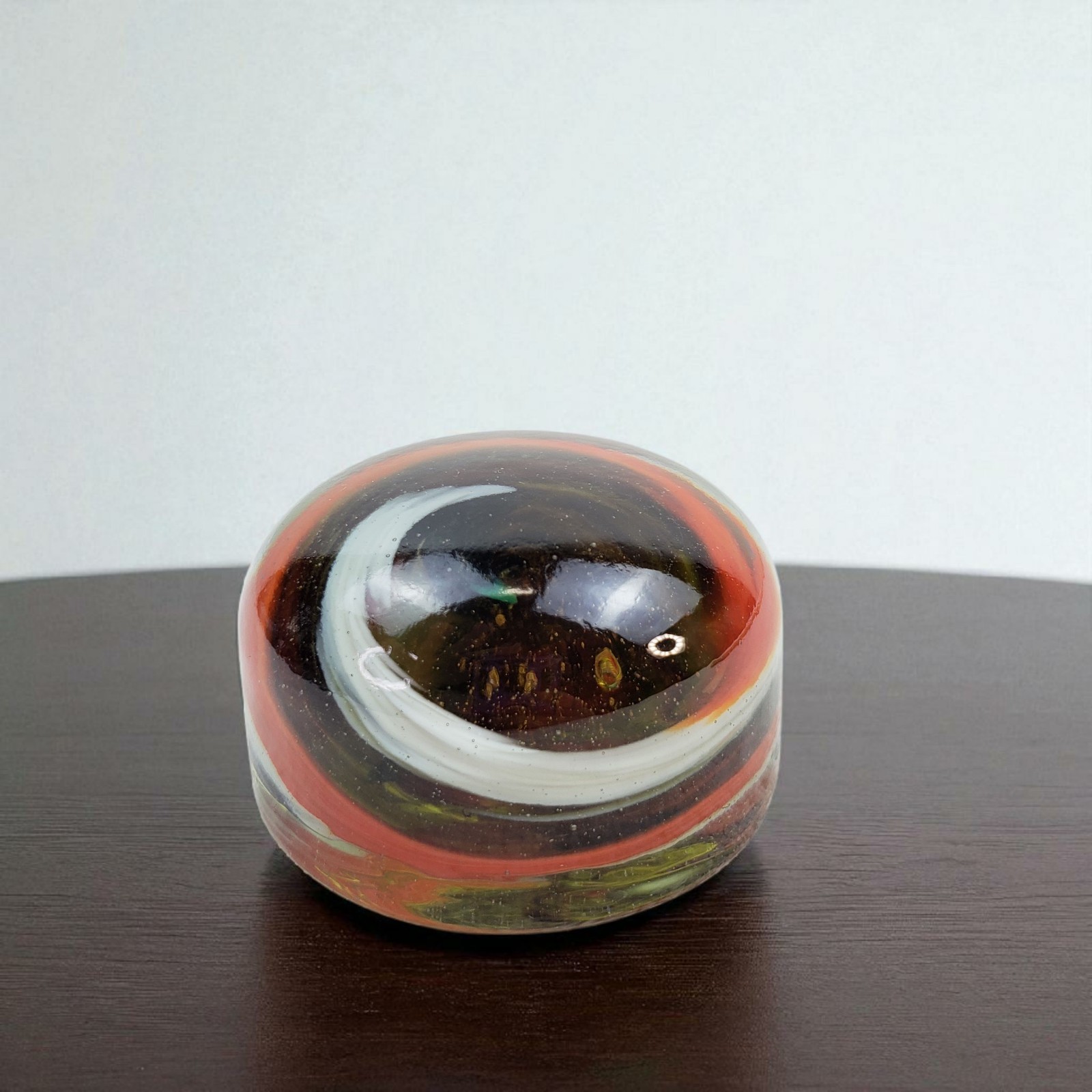 Multicolored Marble Swirl Glass Paperweight Orage White Clear 2.25 In