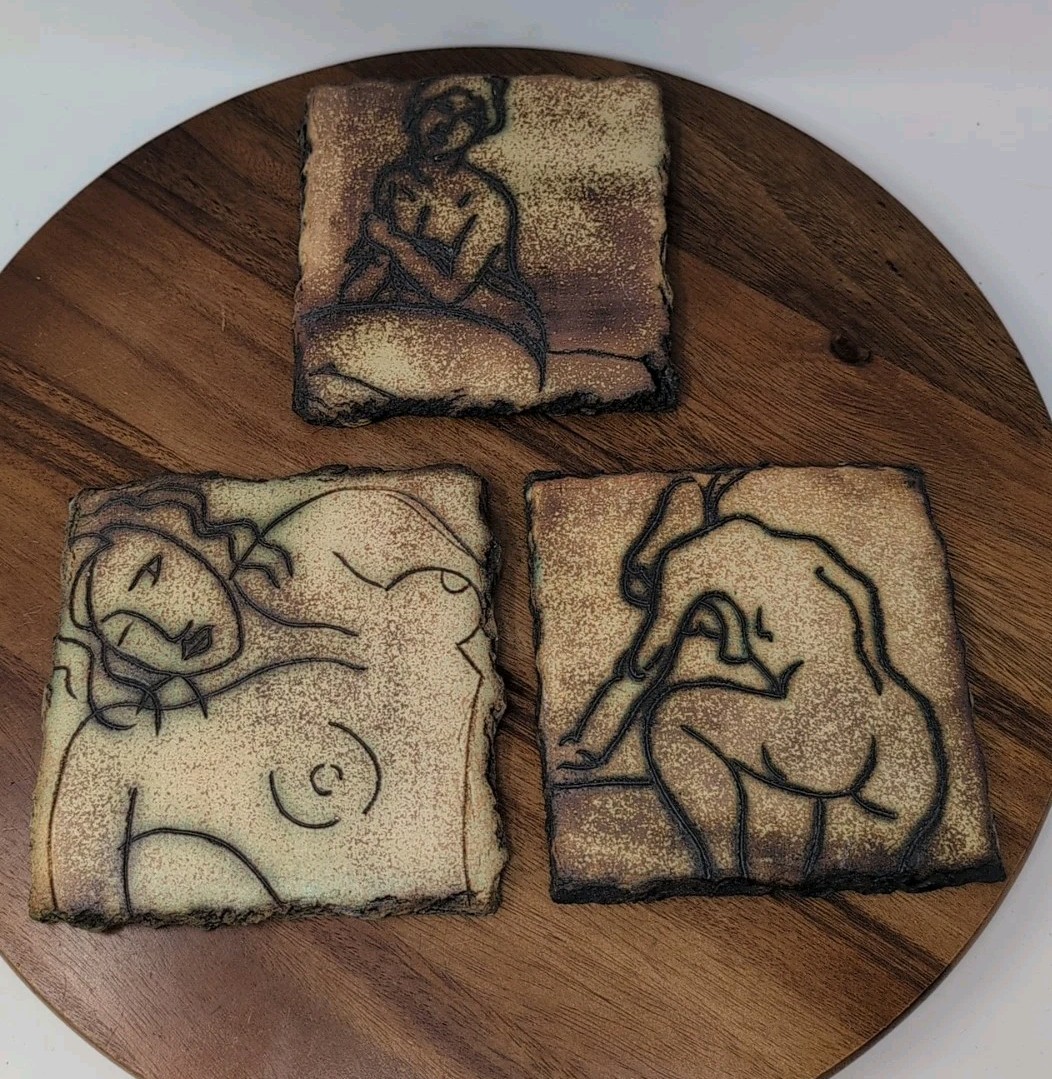 Set Of 3 Mitch Yung Signed Nude Woman Ceramic Pottery Art Tiles 6.25” X 6.25”