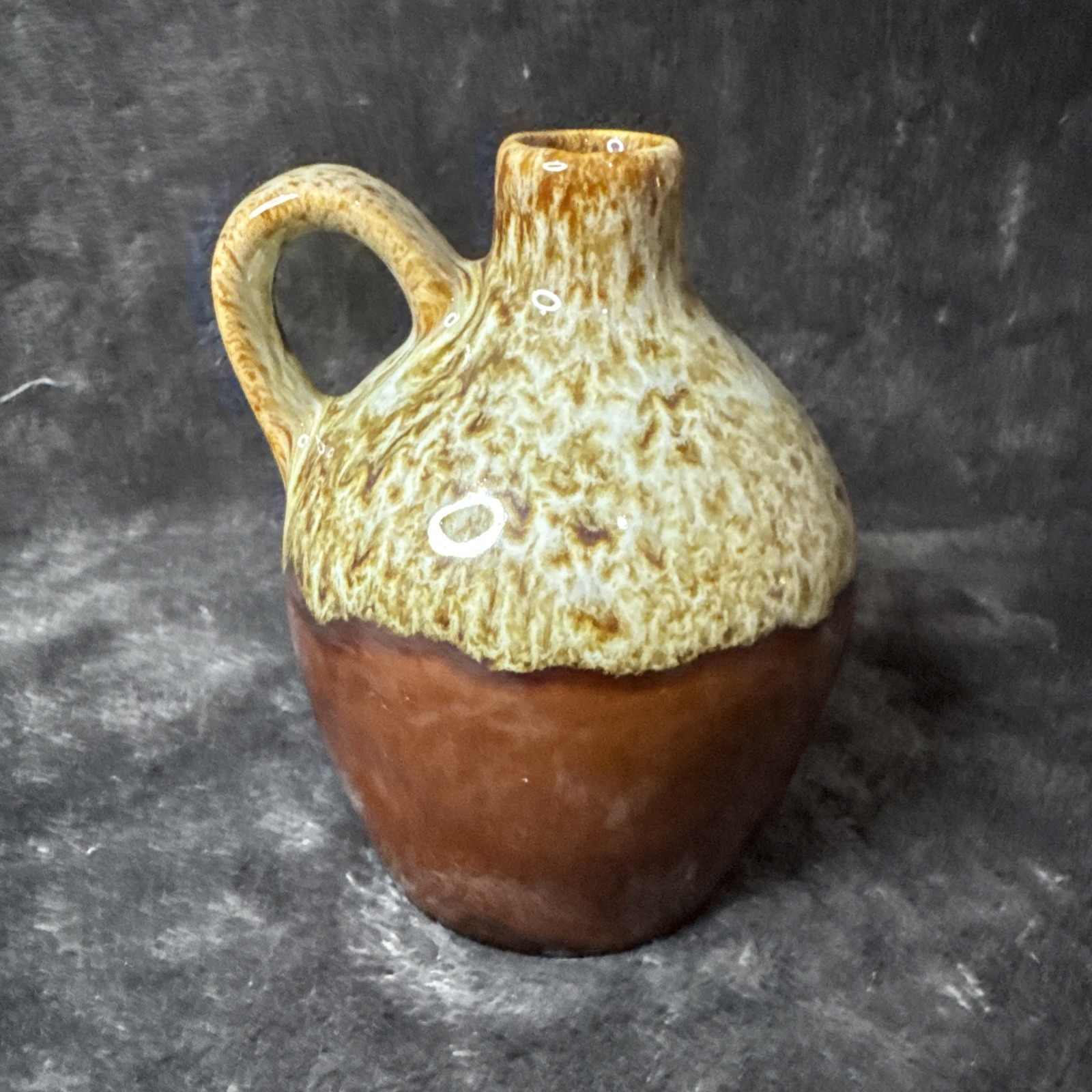 Small Stoneware Whiskey Jug Vase two-tone Cream and Brown Speckled drip glaze 5”