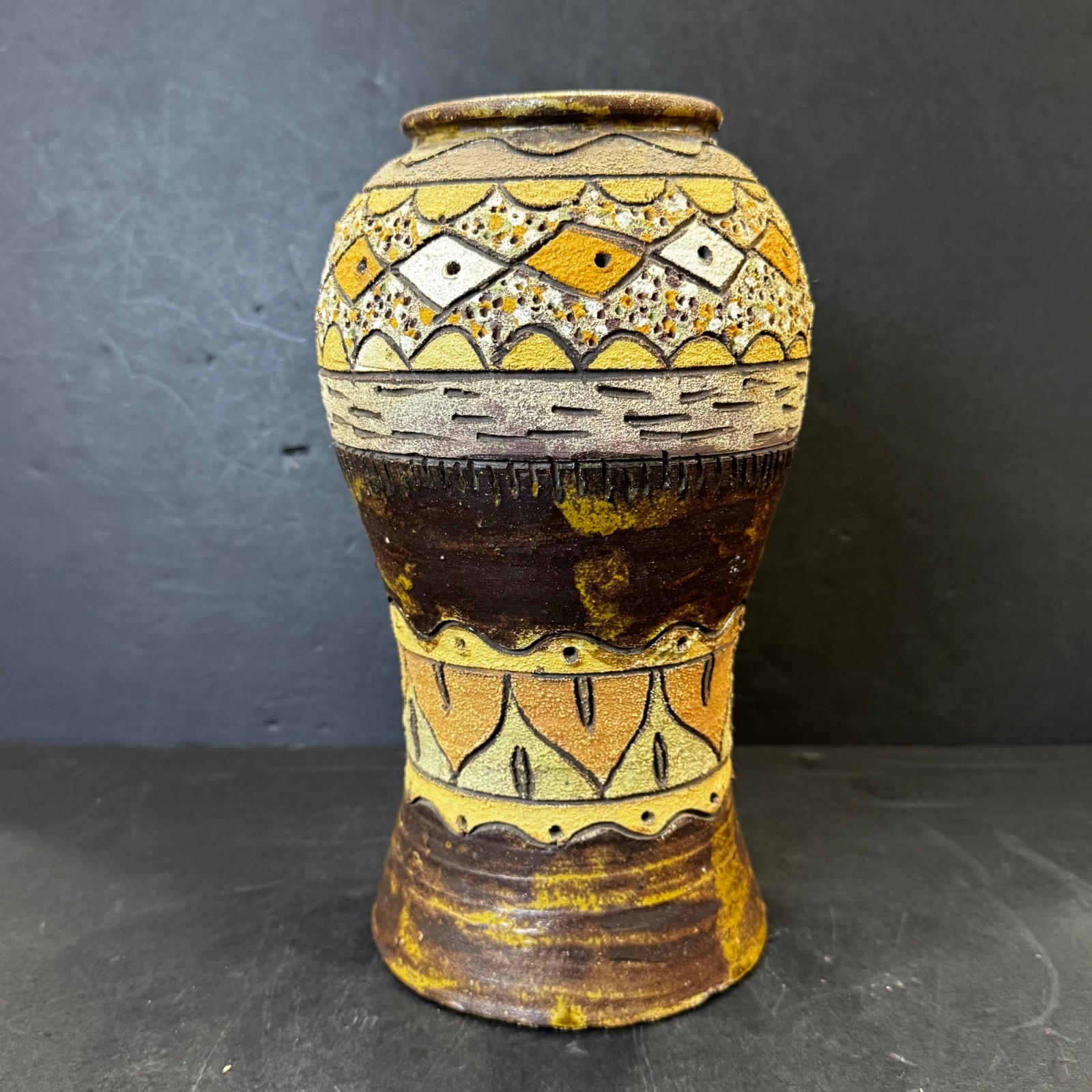 Vintage Studio Pottery Vase Hand Painted Geometric Textured Stoneware 10″