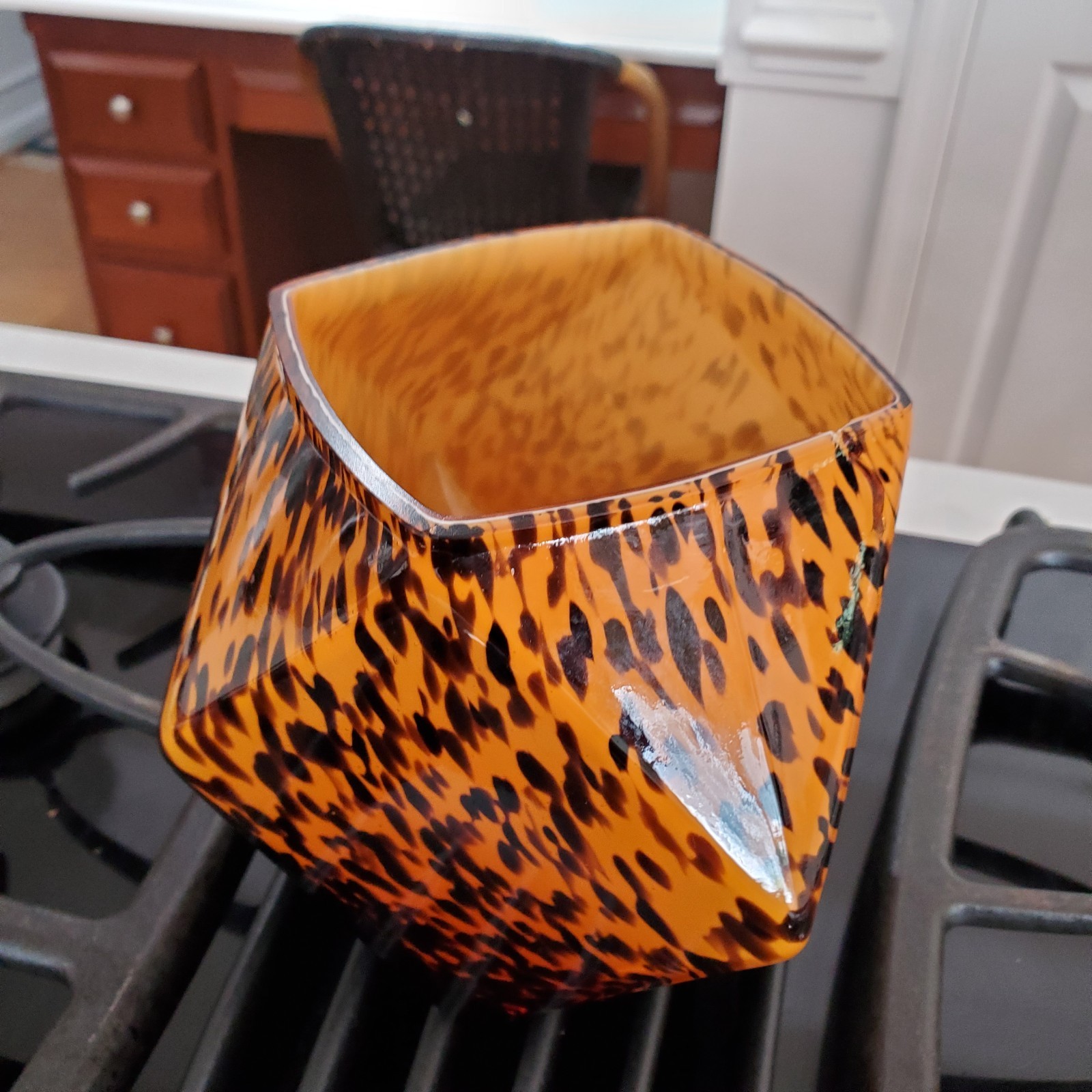 Vintage Leopard Speckled Polyhedral Glass Vase Mouthblown Handmade FLAW 5″x5″