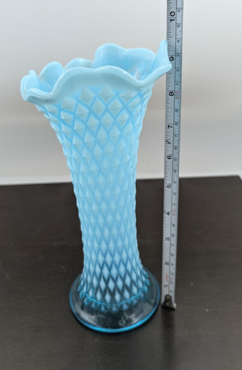 Antique Northwood Diamond Point Aqua Blue Opalescent Swung Stretch Vase Marked N
