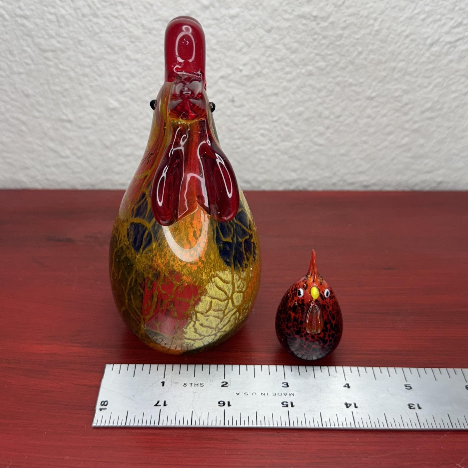 Art Glass Rooster Figurine with Chick Hand Blown Multicolor Murano Style Decor