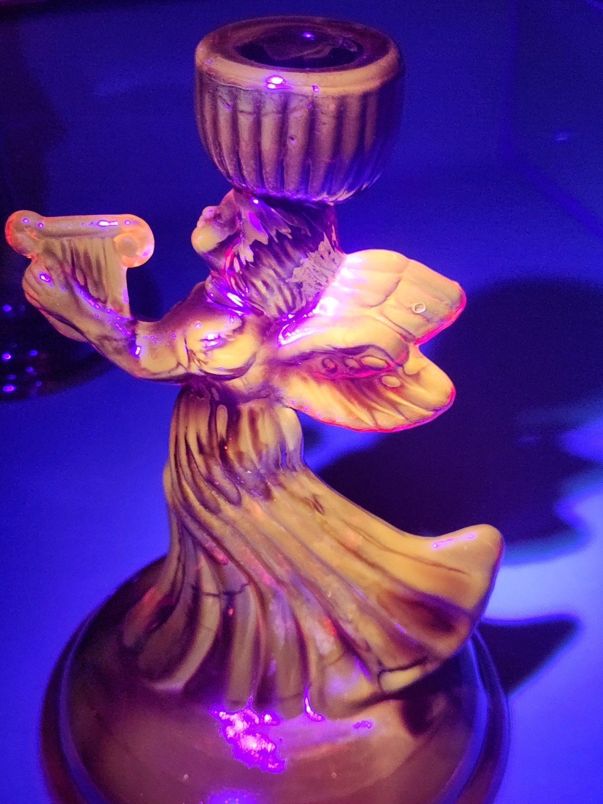 Pair Of Red Carnival Glass Angel Candle Holders Glows Orange Under Blacklight