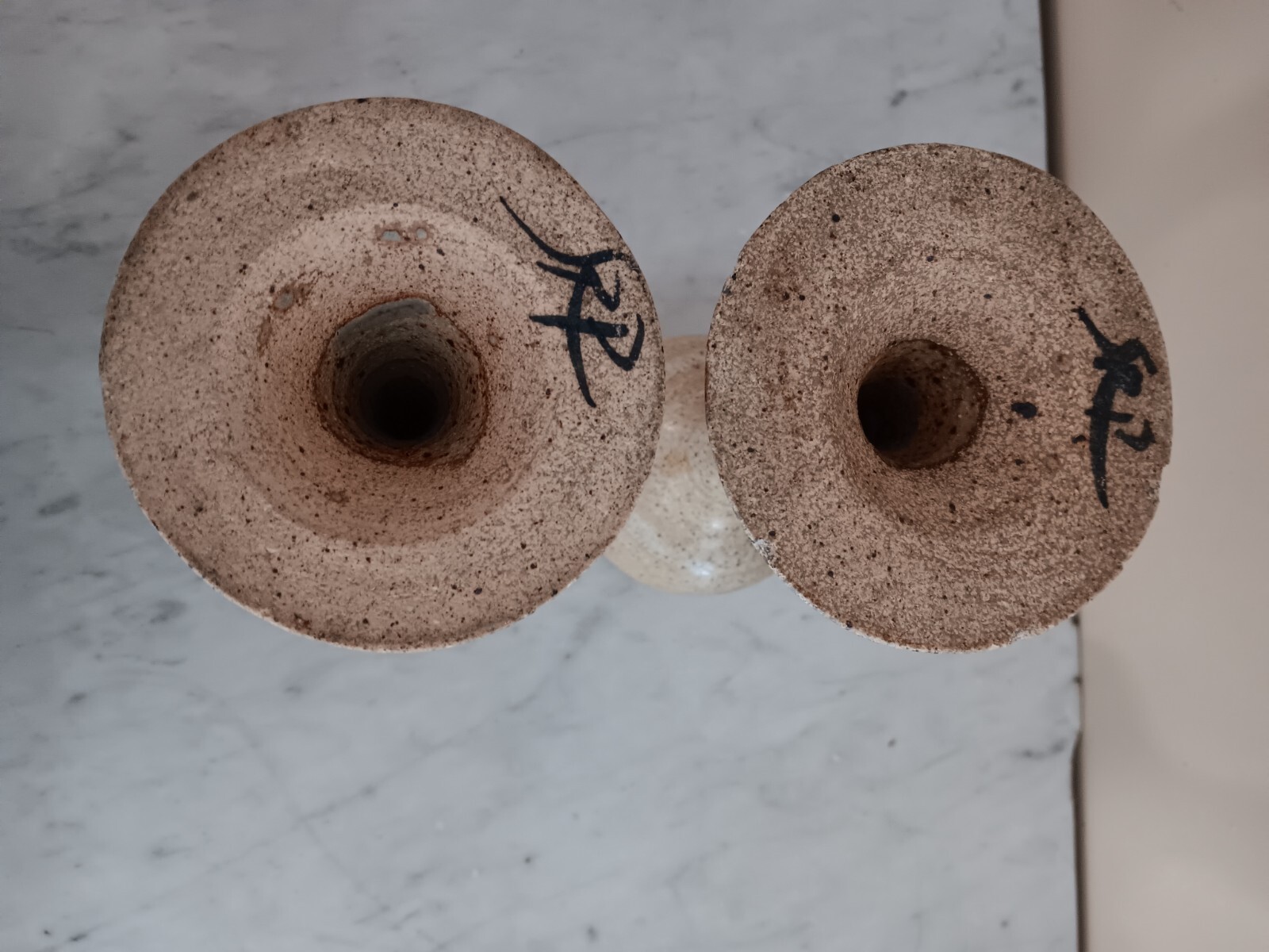 Pr Art Pottery Speckled Beige 8 1/2″ Stoneware Goblet/votives Signed.