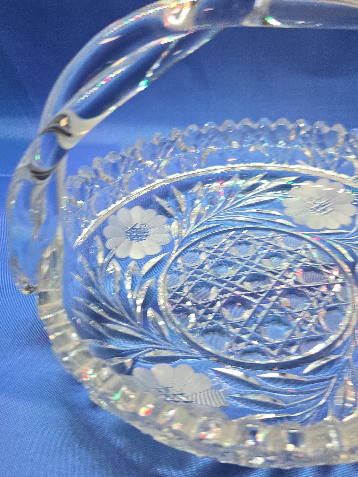 Antique ABP Cut Glass Handled Basket Crystal Daisy Flower Geometric 1876-1916