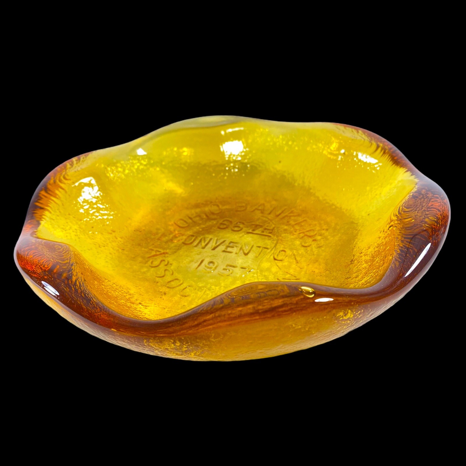 Vintage Art Glass Paperweight Bowl Ashtray Ohio Bankers 7”D 1”T 1957 Associates