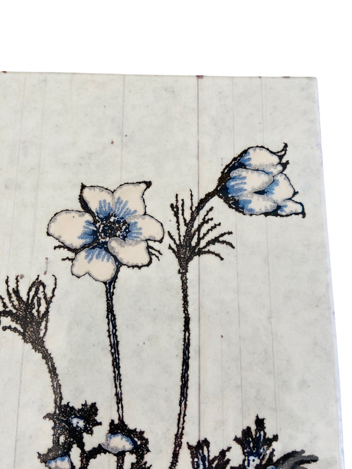 Vintage Italian Handpainted Tile – White Flowers & Blue Leaves Semigres 6″ x 8″
