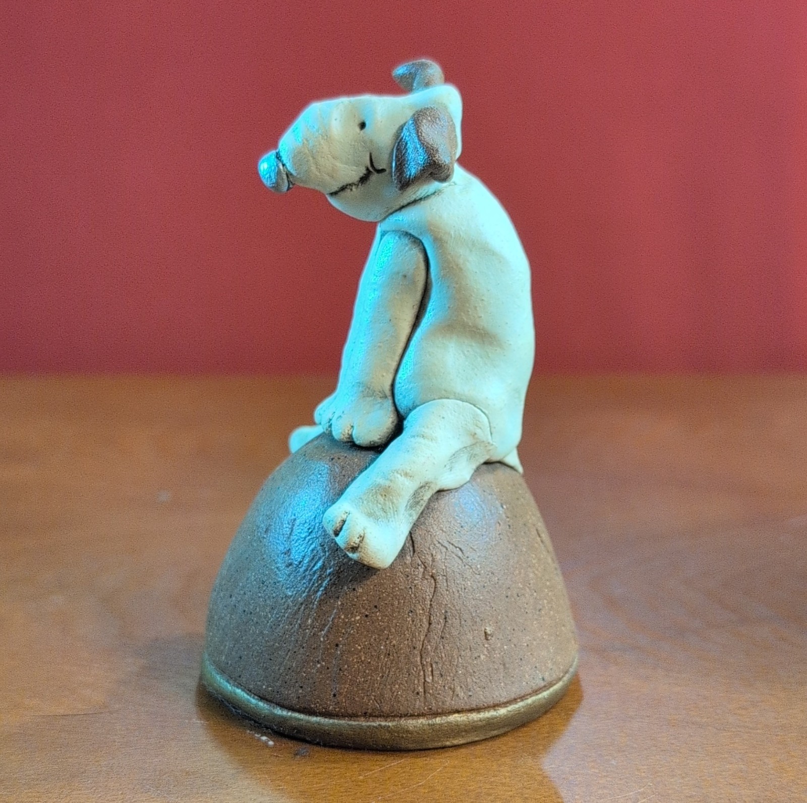 OOAK 1988 Art Pottery Bell Whimsical Dog Figurine Hand-Sculpted Clay, Signed