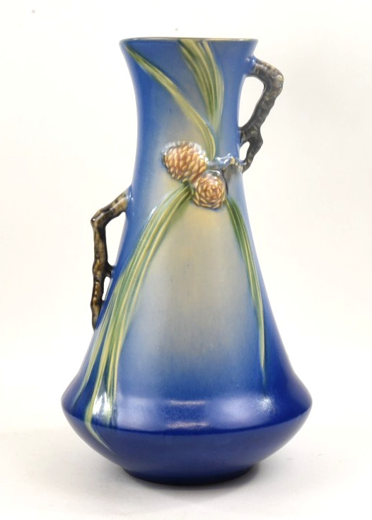 Roseville Pottery Blue Pine Cone Handled Vase, Shape 712-12″