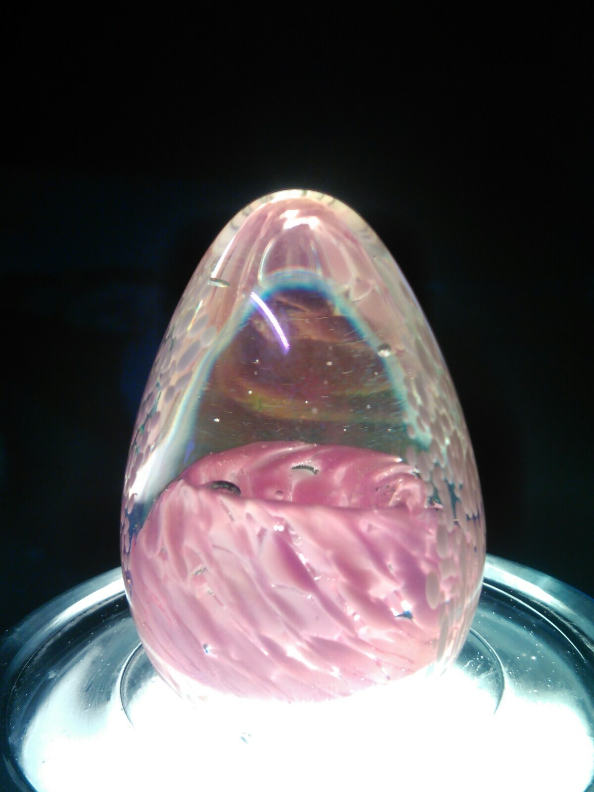 ART GLASS EGG PAPERWEIGHT PINK, WHITE, AND CLEAR
