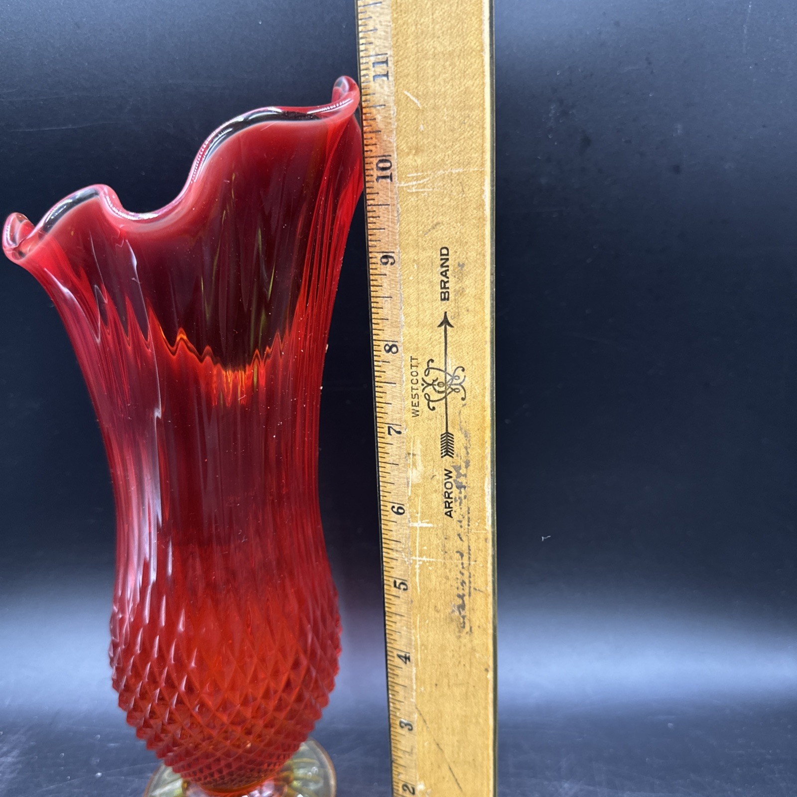 Vintage Fenton? Stretch Swung Amberina Diamond Point Footed Art Glass Vase 11”