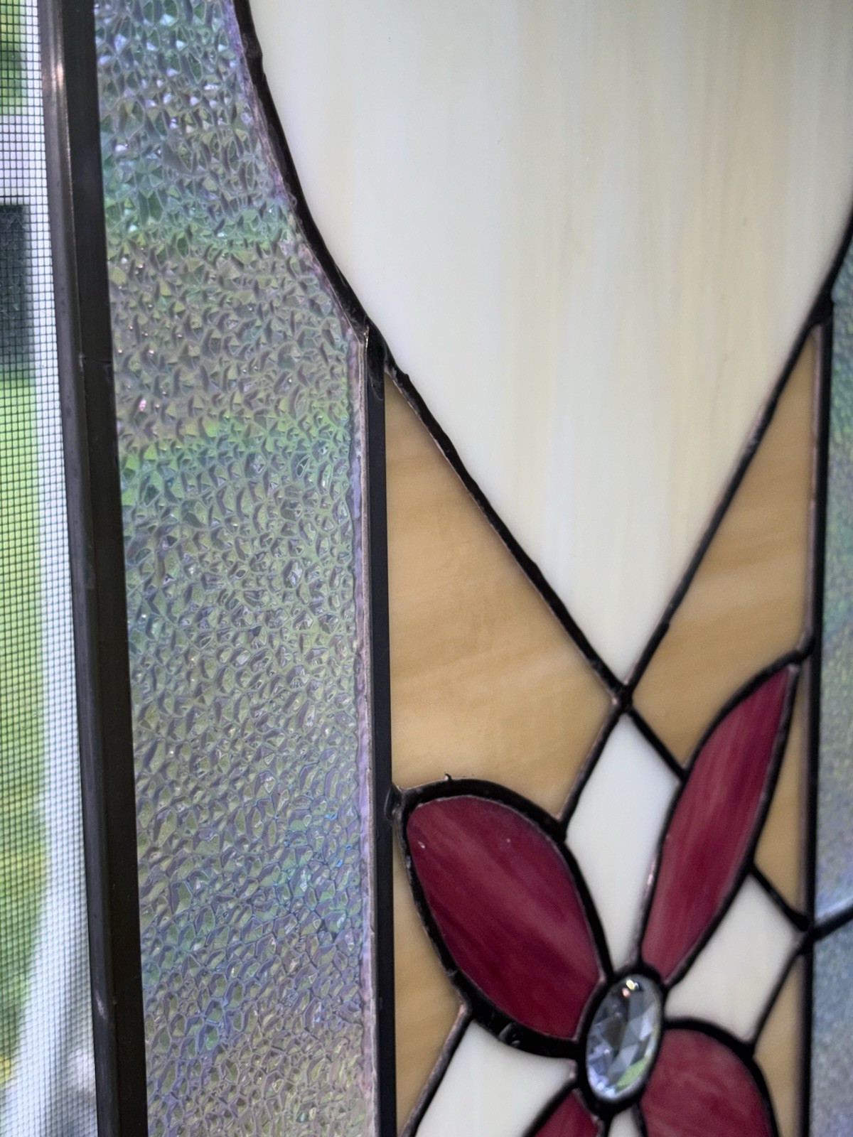 Traditional Art Nouveau Stained Glass Panel 35.5×11” Red Blue Irrodecent Border