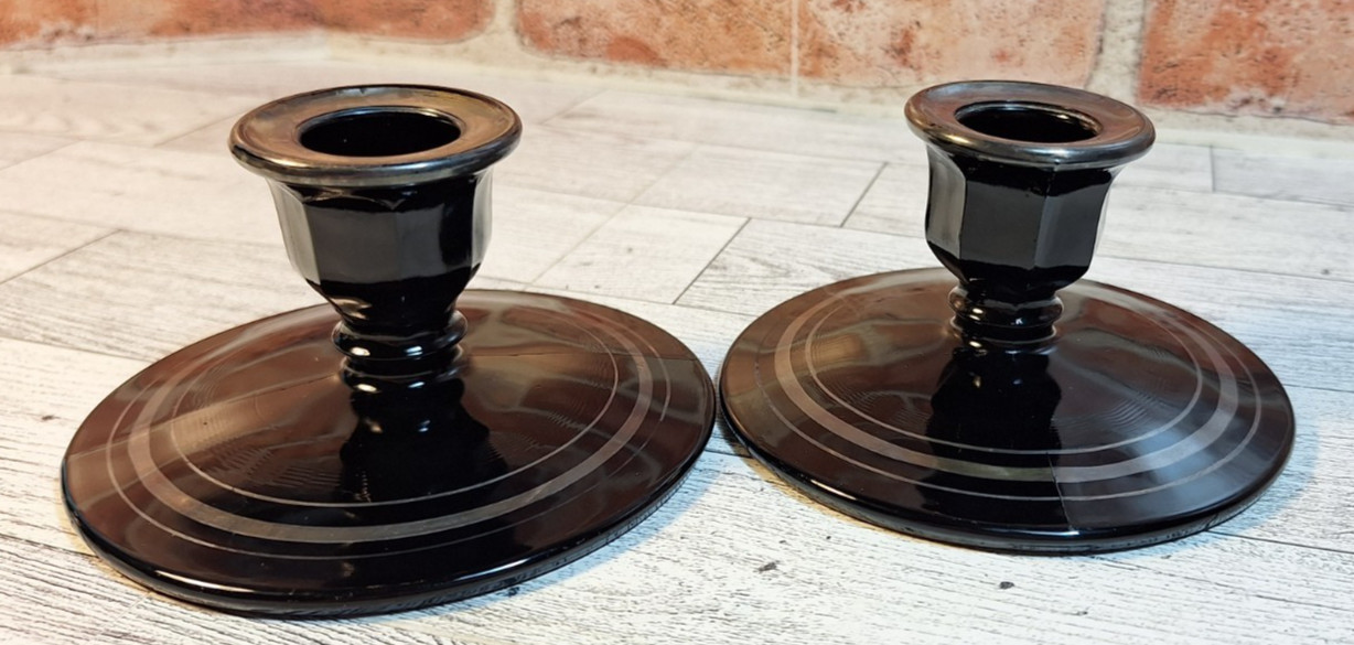 Vintage Black Amethyst Glass Candle Stick Holders Pair Set