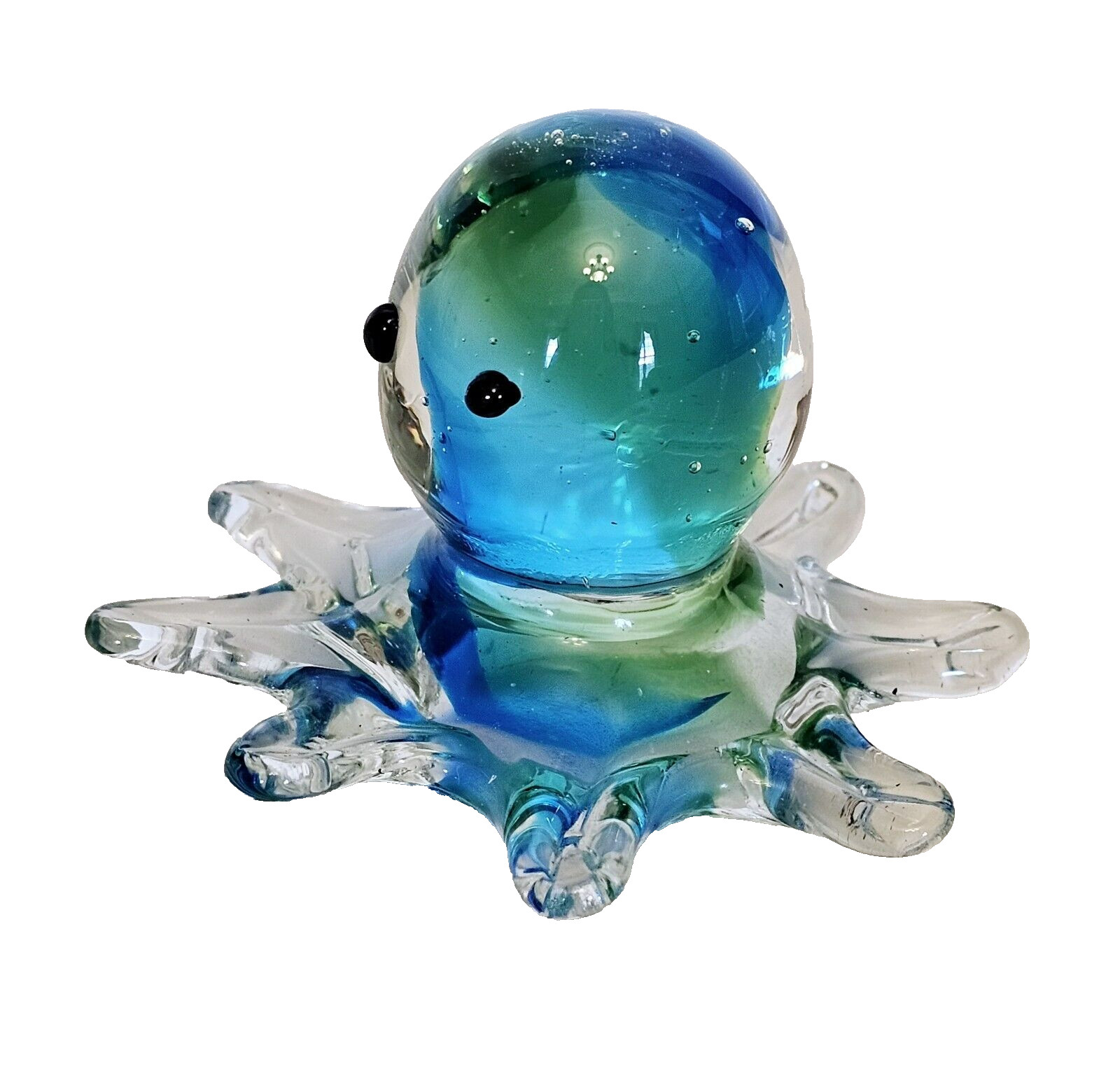 Art Glass Octopus Figurine Paperweight Handmade Turquoise Blue Green 2” X 3”