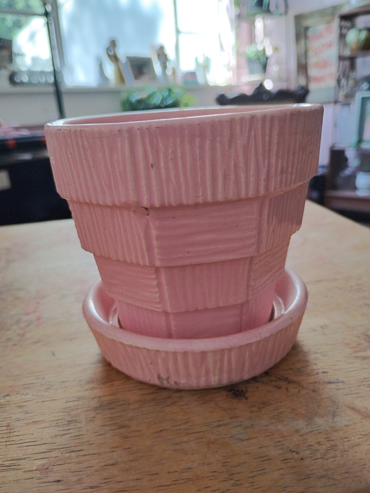 MCM McCoy Pottery Pink Basket Weave 3.25″ Flower Pot USA Planter Saucer