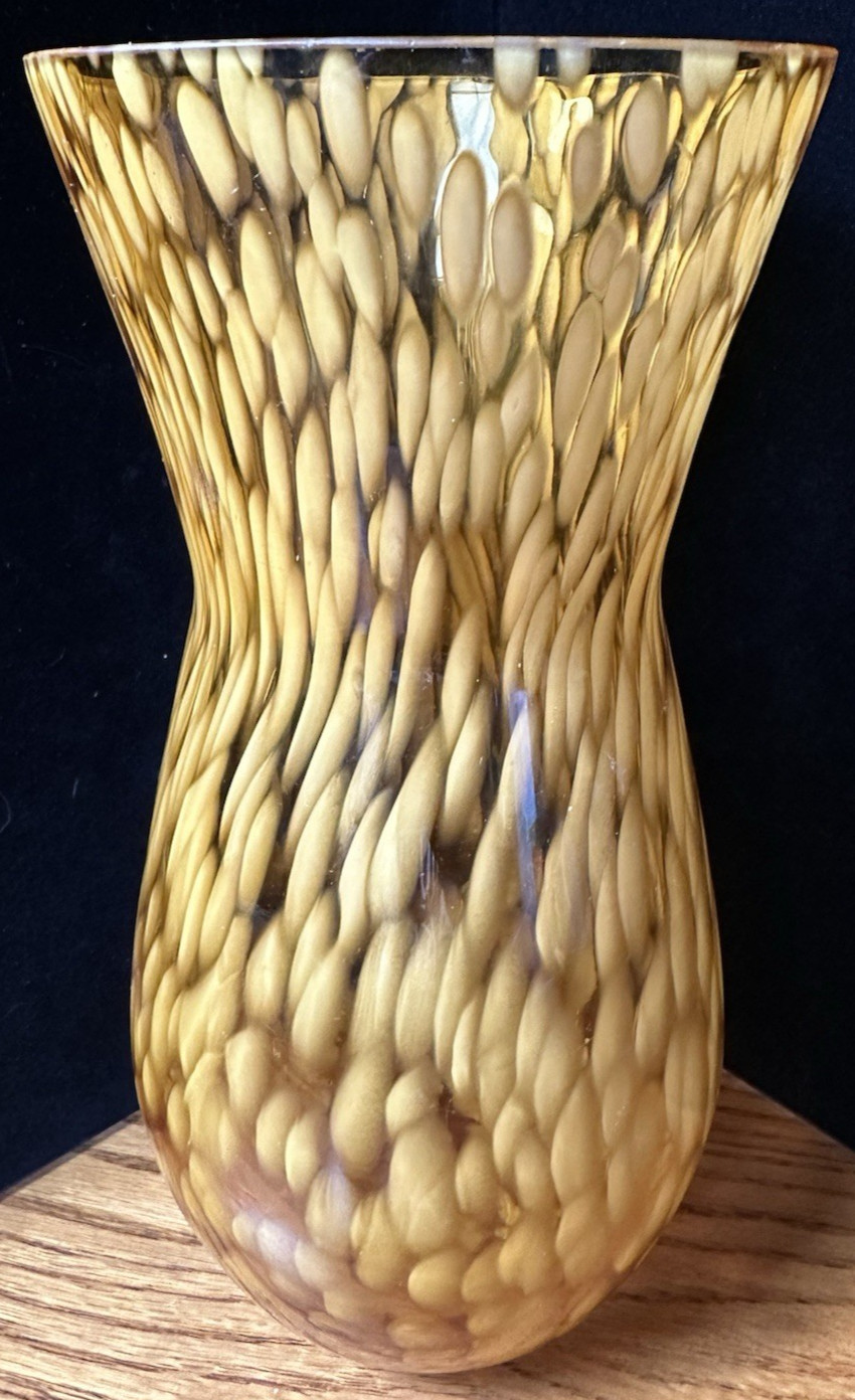 Amber Art Glass Vase Controlled Bubble Pebble Pattern Hand Blown Flared Rim
